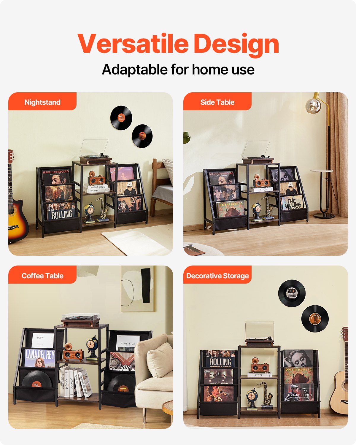 VEVOR 3-Tier Record Player Stand Metal Vinyl Record Stand up to 280 Album Black 