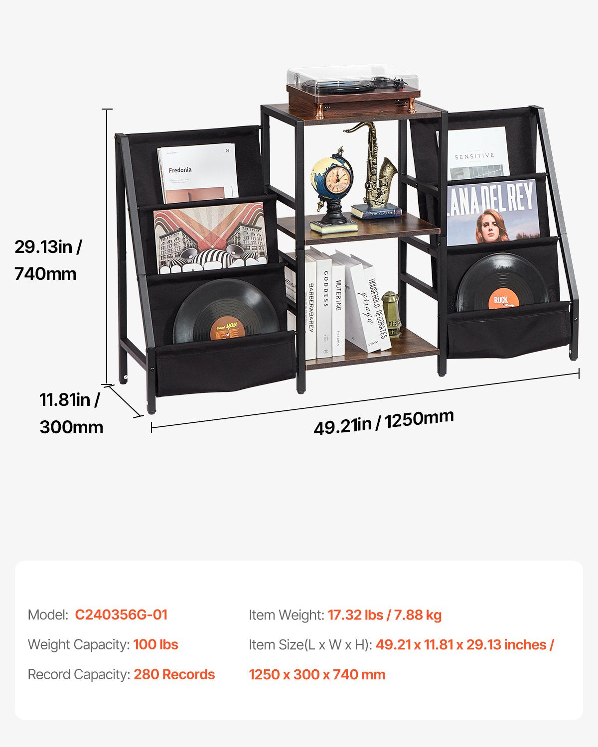 VEVOR 3-Tier Record Player Stand Metal Vinyl Record Stand up to 280 Album Black 