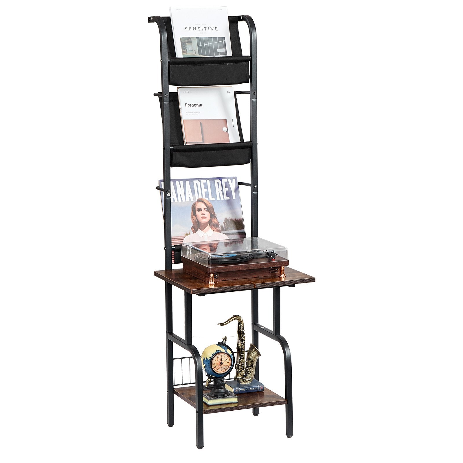 VEVOR 5 Tiers Record Player with LED Light & USB Ports Metal Vinyl Shelf Black 