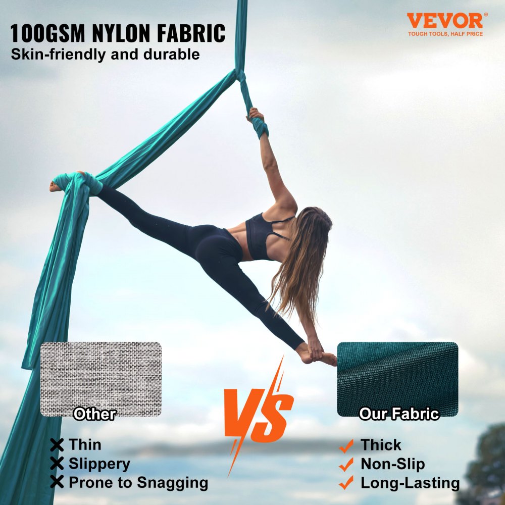 VEVOR Aerial Silk & Yoga Swing, 11 Yards, Aerial Yoga Hammock Kit with 100gsm Nylon Fabric, Full Rigging Hardware & Easy Set-up Guide, Antigravity Flying for All Levels Fitness Bodybuilding, Green 