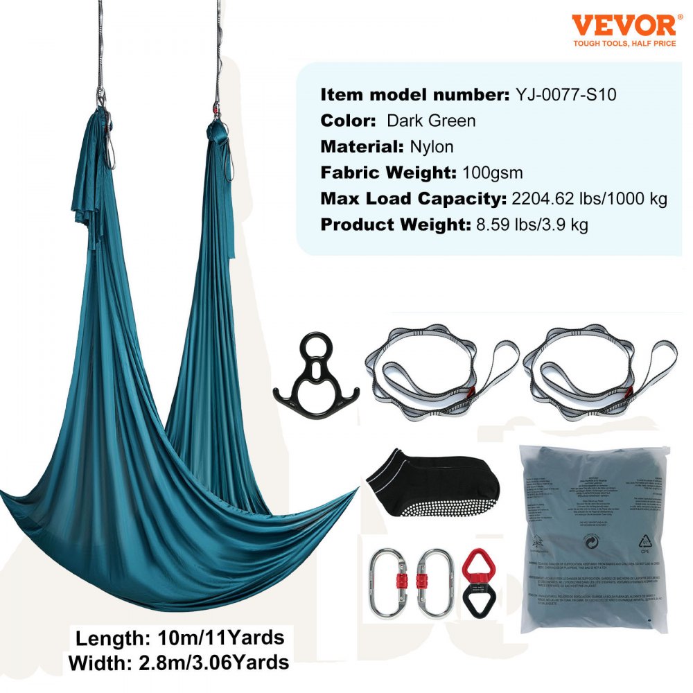 VEVOR Aerial Silk & Yoga Swing, 11 Yards, Aerial Yoga Hammock Kit with 100gsm Nylon Fabric, Full Rigging Hardware & Easy Set-up Guide, Antigravity Flying for All Levels Fitness Bodybuilding, Green 
