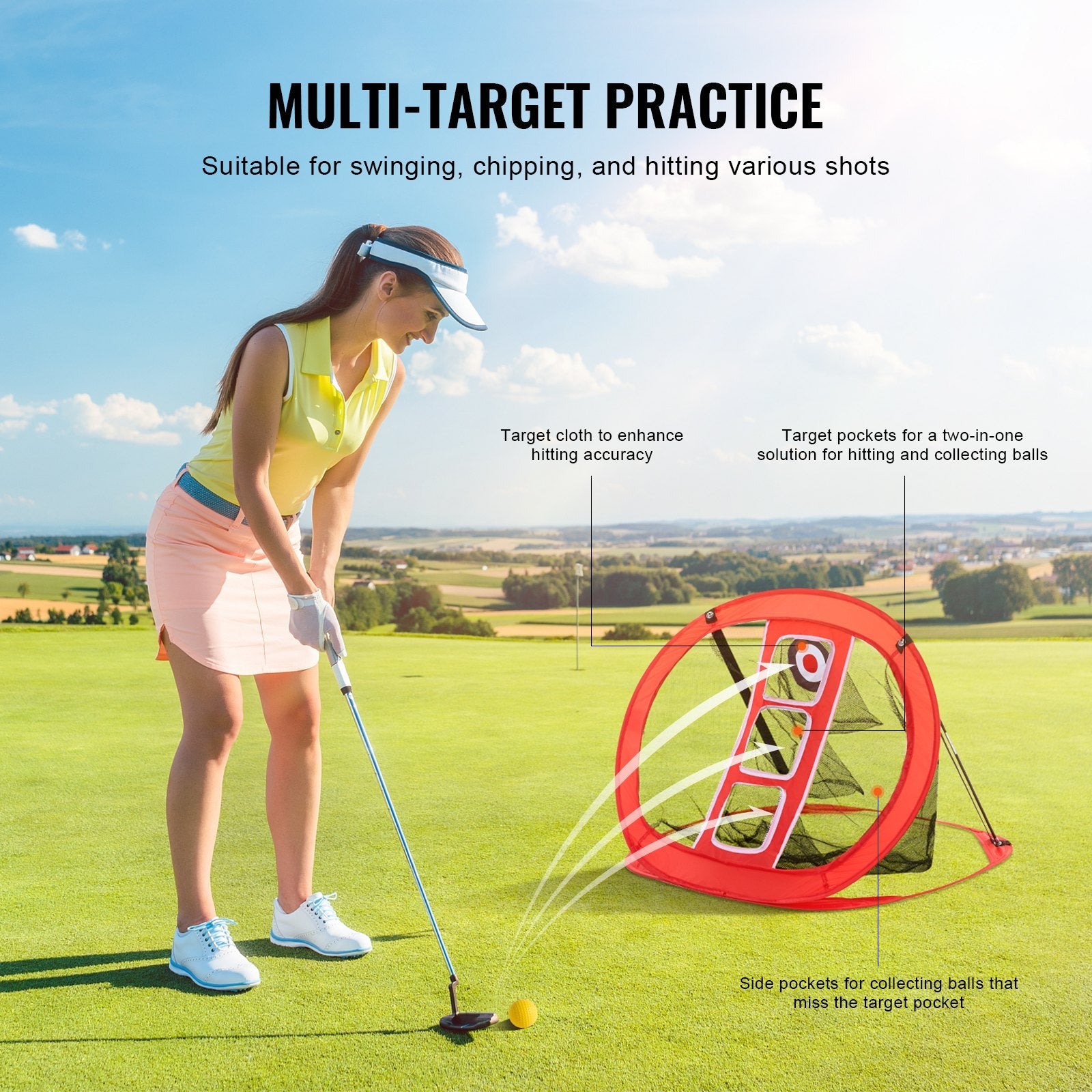 VEVOR Golf Chipping Net, Pop Up Golf Practice Net, Portable Indoor Outdoor Home Golf Hitting Aid Net with Target and Carry Bag, for Backyard Driving Training Swing, Gift for Men, Golf Lover, Red 