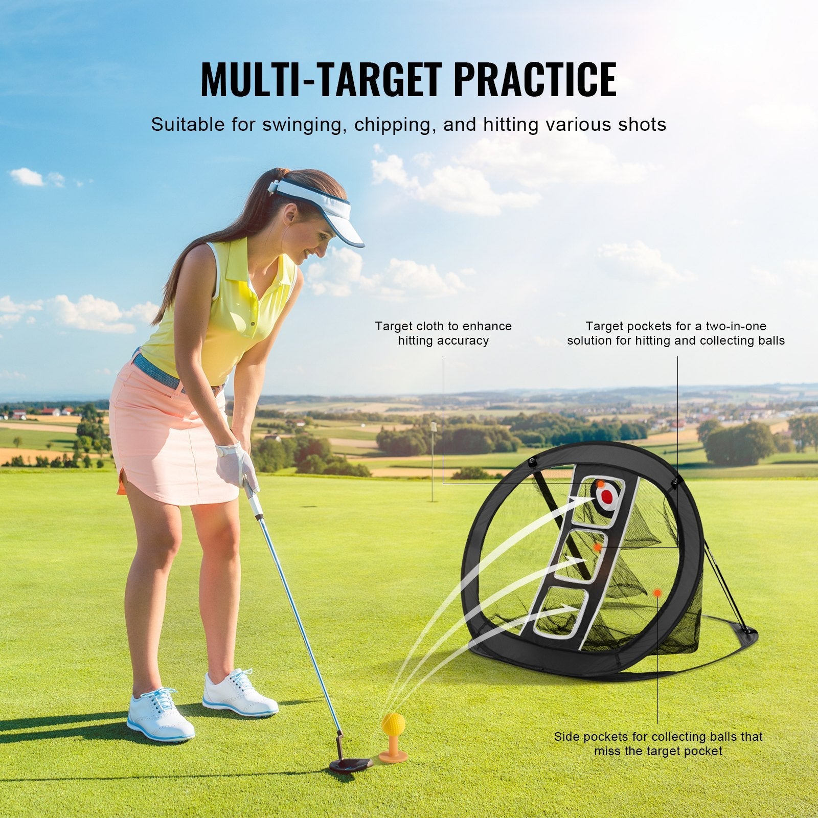 VEVOR Golf Chipping Net, Pop Up Golf Practice Net, Portable Indoor Outdoor Home Golf Hitting Aid Net with Target/Mat/Balls/Tee/Carry Bag, for Backyard Driving Training Swing, Gift for Men, Black 