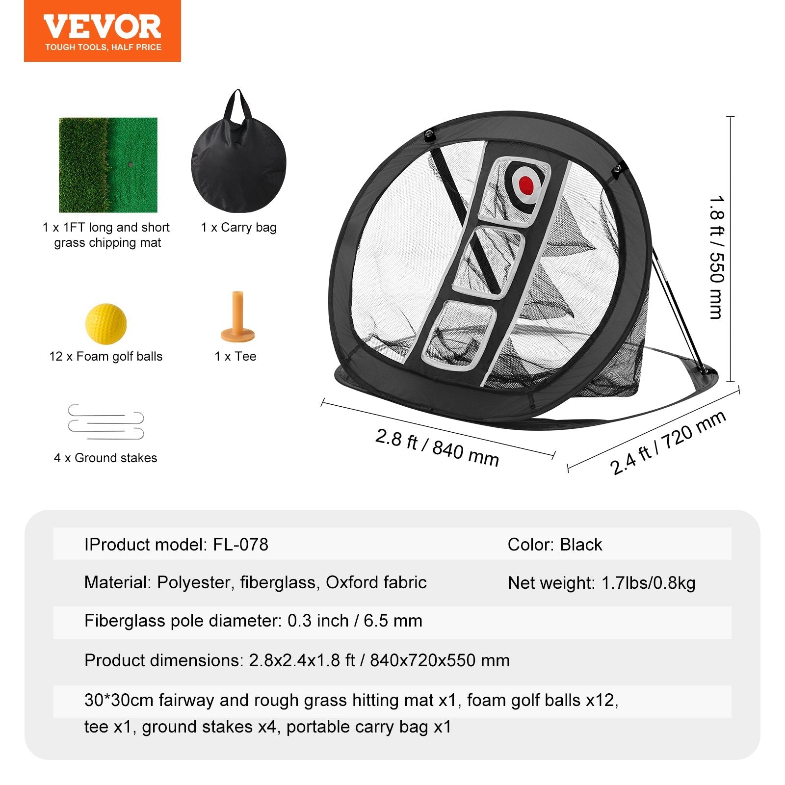 VEVOR Golf Chipping Net, Pop Up Golf Practice Net, Portable Indoor Outdoor Home Golf Hitting Aid Net with Target/Mat/Balls/Tee/Carry Bag, for Backyard Driving Training Swing, Gift for Men, Black 