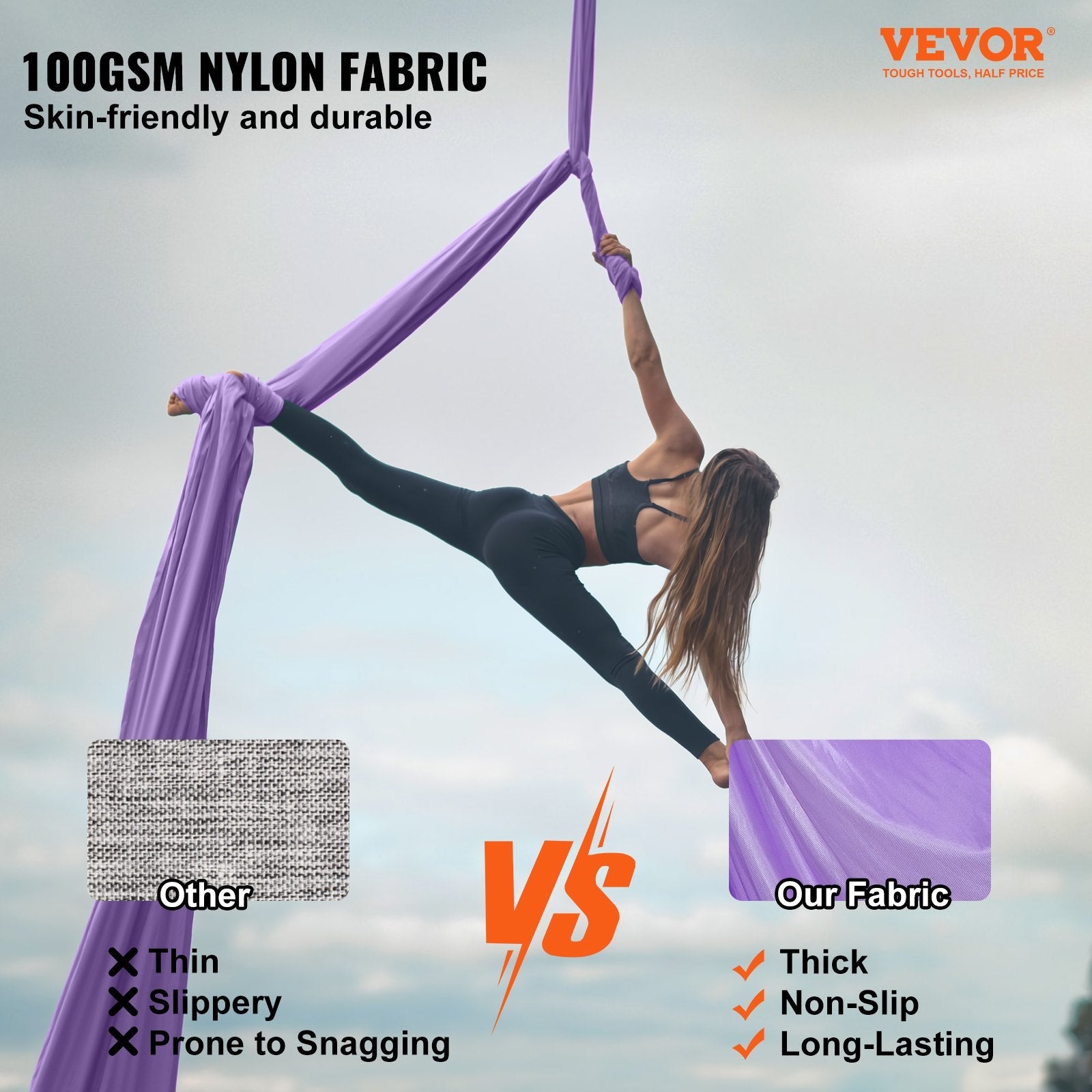 VEVOR Aerial Yoga Hammock & Swing, 4.4 Yards, Yoga Starter Kit with 100gsm Nylon Fabric, Full Rigging Hardware and Easy Set-up Guide, Antigravity Flying for All Levels Fitness Bodybuilding, Purple 