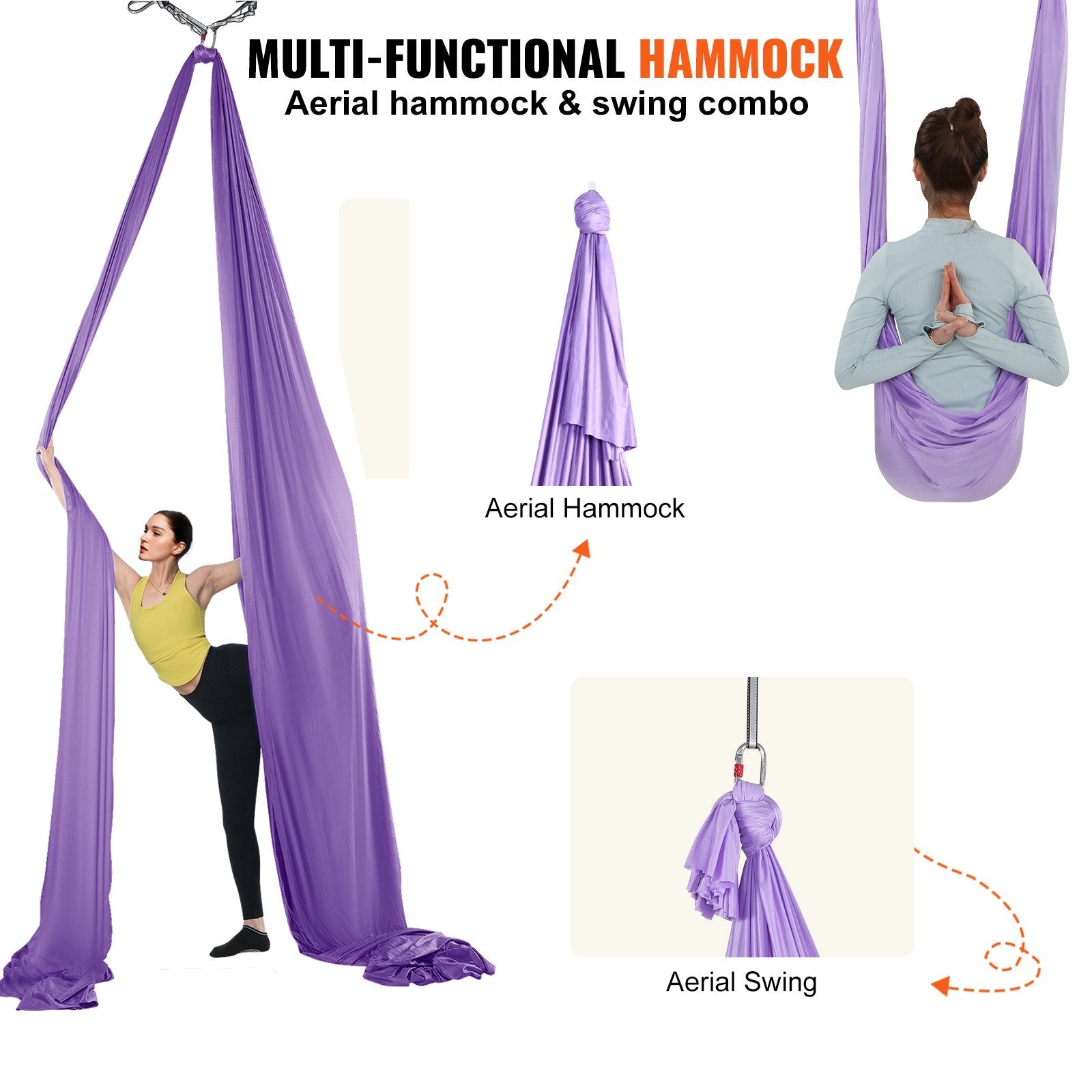 VEVOR Aerial Yoga Hammock & Swing, 4.4 Yards, Yoga Starter Kit with 100gsm Nylon Fabric, Full Rigging Hardware and Easy Set-up Guide, Antigravity Flying for All Levels Fitness Bodybuilding, Purple 