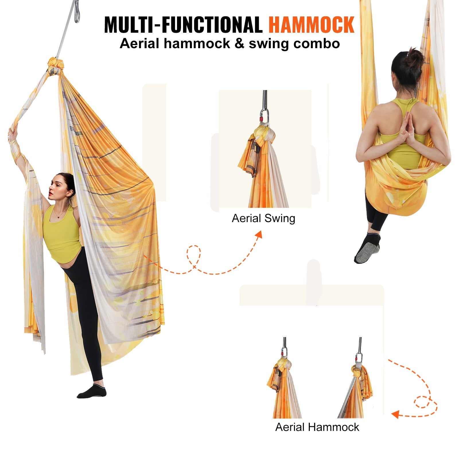 VEVOR Aerial Yoga Hammock & Swing, 5.5 Yards, Aerial Yoga Starter Kit with 100gsm Nylon Fabric, Full Rigging Hardware & Easy Set-up Guide, Antigravity Flying for All Levels Fitness Bodybuilding, Gold 