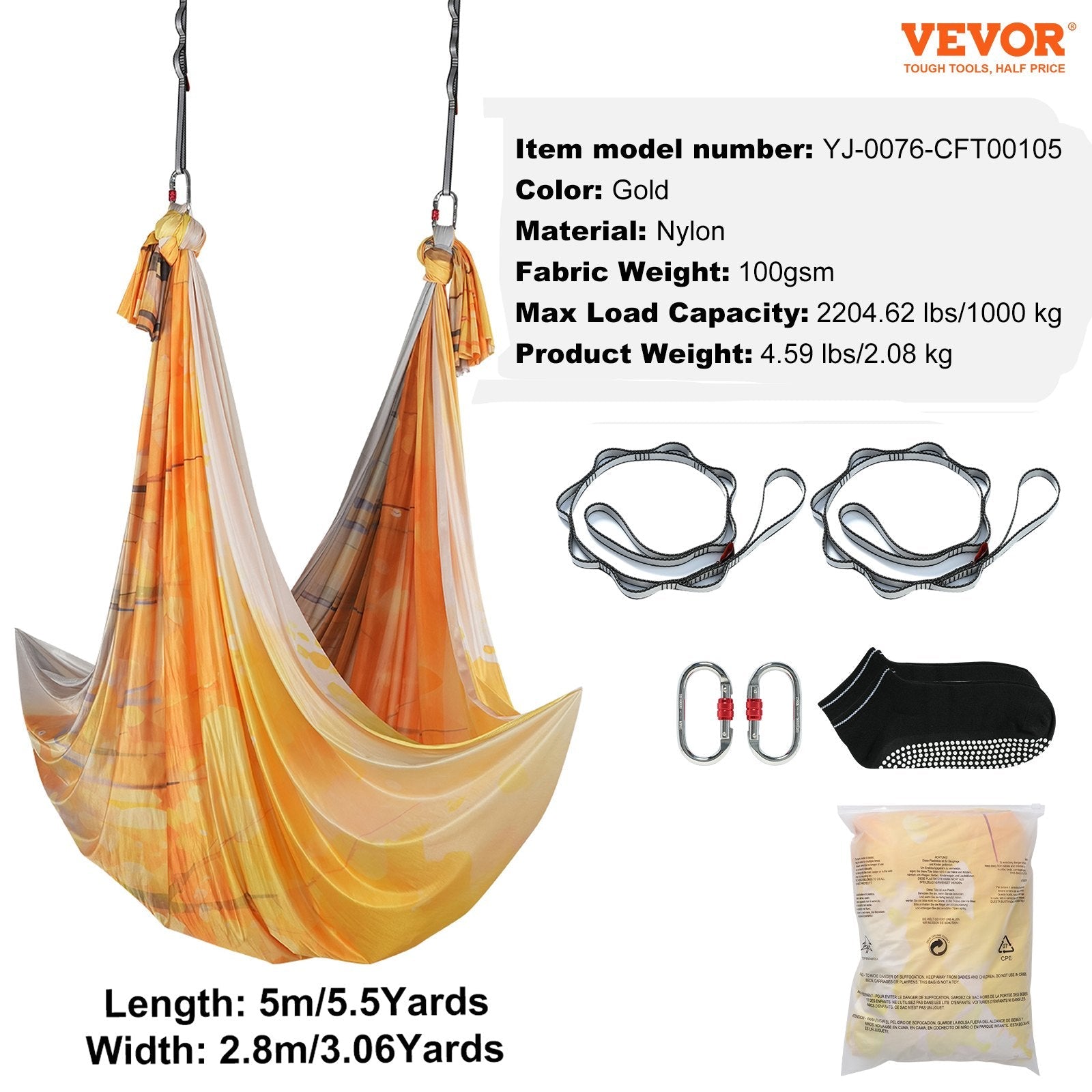 VEVOR Aerial Yoga Hammock & Swing, 5.5 Yards, Aerial Yoga Starter Kit with 100gsm Nylon Fabric, Full Rigging Hardware & Easy Set-up Guide, Antigravity Flying for All Levels Fitness Bodybuilding, Gold 