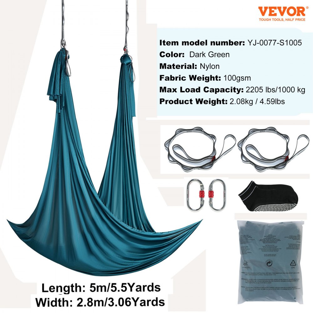 VEVOR Aerial Yoga Hammock & Swing, 5.5 Yards, Aerial Yoga Starter Kit with 100gsm Nylon Fabric, Full Rigging Hardware & Easy Set-up Guide, Antigravity Flying for All Levels Fitness Bodybuilding, Green 