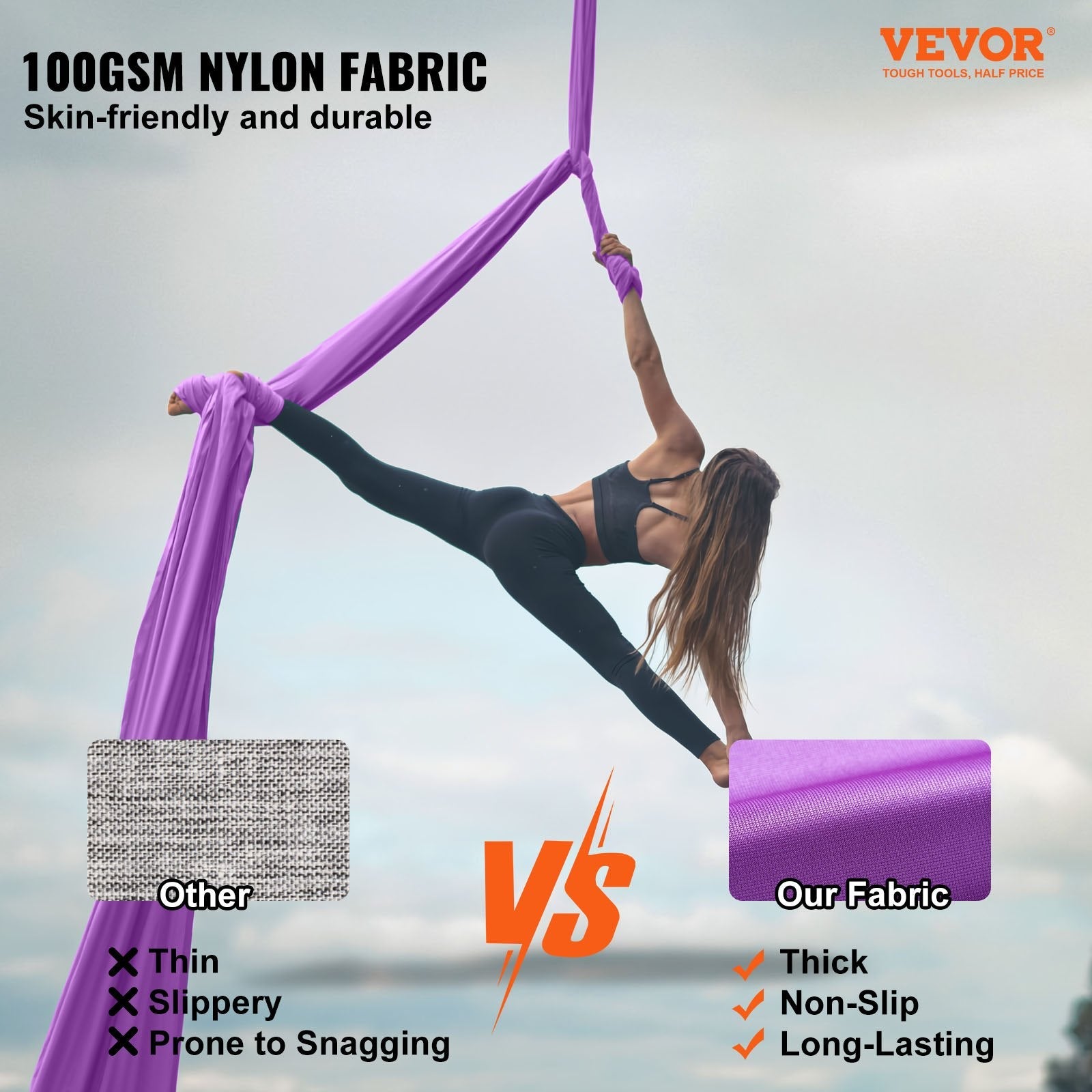 VEVOR Aerial Silk & Yoga Swing, 8.7 Yards, Aerial Yoga Hammock Kit with 100gsm Nylon Fabric, Full Rigging Hardware & Easy Set-up Guide, Antigravity Flying for All Levels Fitness Bodybuilding, Purple 