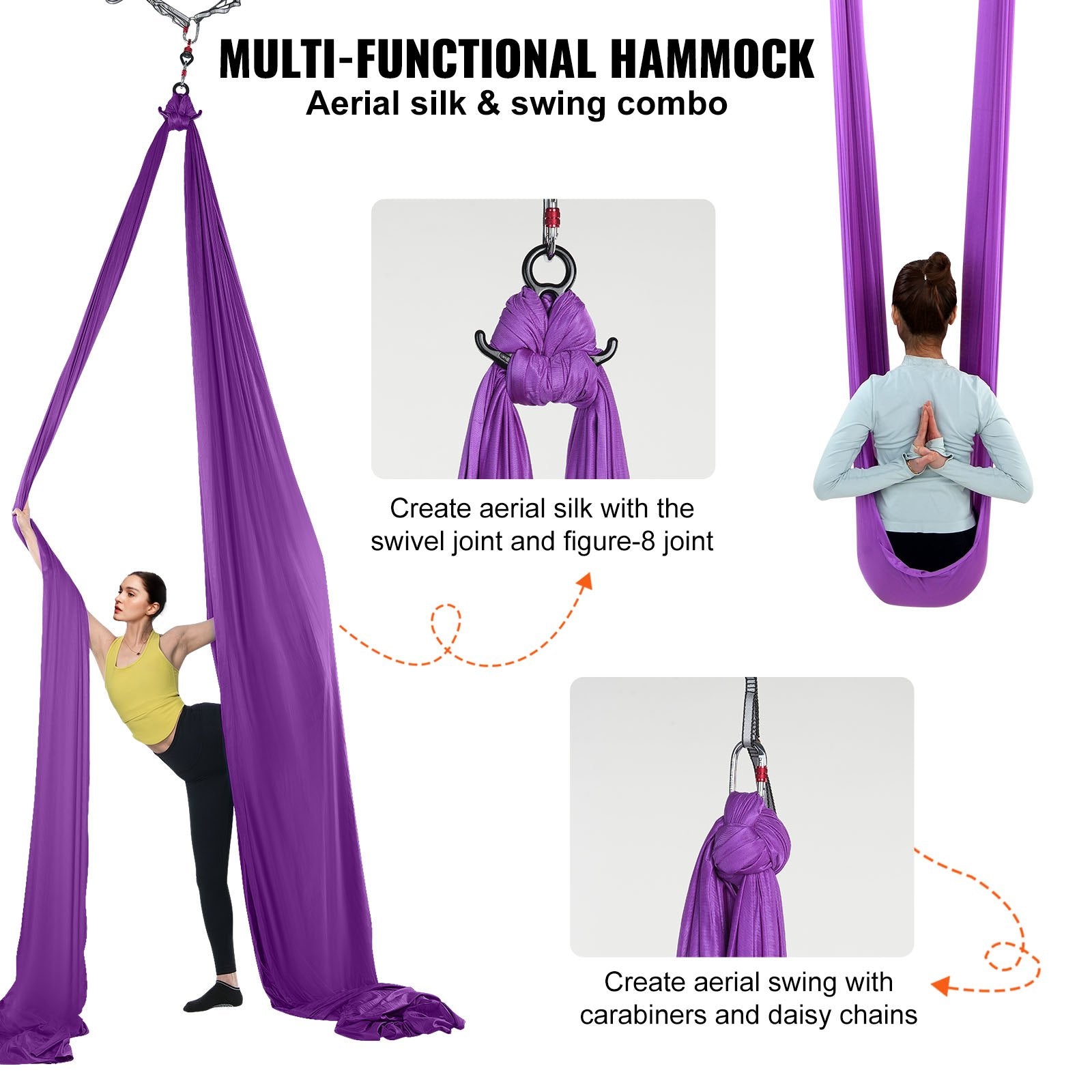 VEVOR Aerial Silk & Yoga Swing, 8.7 Yards, Aerial Yoga Hammock Kit with 100gsm Nylon Fabric, Full Rigging Hardware & Easy Set-up Guide, Antigravity Flying for All Levels Fitness Bodybuilding, Purple 