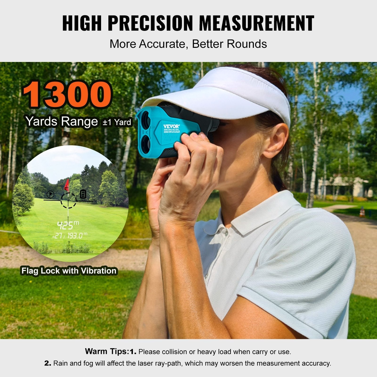 VEVOR Golf Rangefinder, 1300 Yards Laser Golfing Hunting Range Finder, 6X Magnification Distance Measuring, Golfing Accessory with External Magnet Mount, High-Precision Flag Lock, Slope, and Batteries 