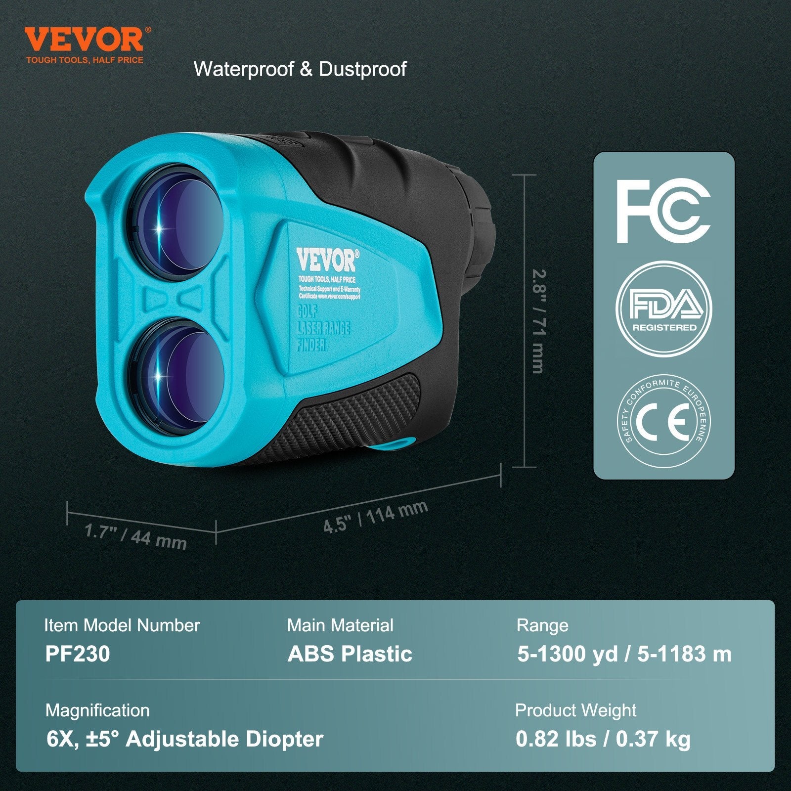 VEVOR Golf Rangefinder, 1300 Yards Laser Golfing Hunting Range Finder, 6X Magnification Distance Measuring, Golfing Accessory with External Magnet Mount, High-Precision Flag Lock, Slope, and Batteries 