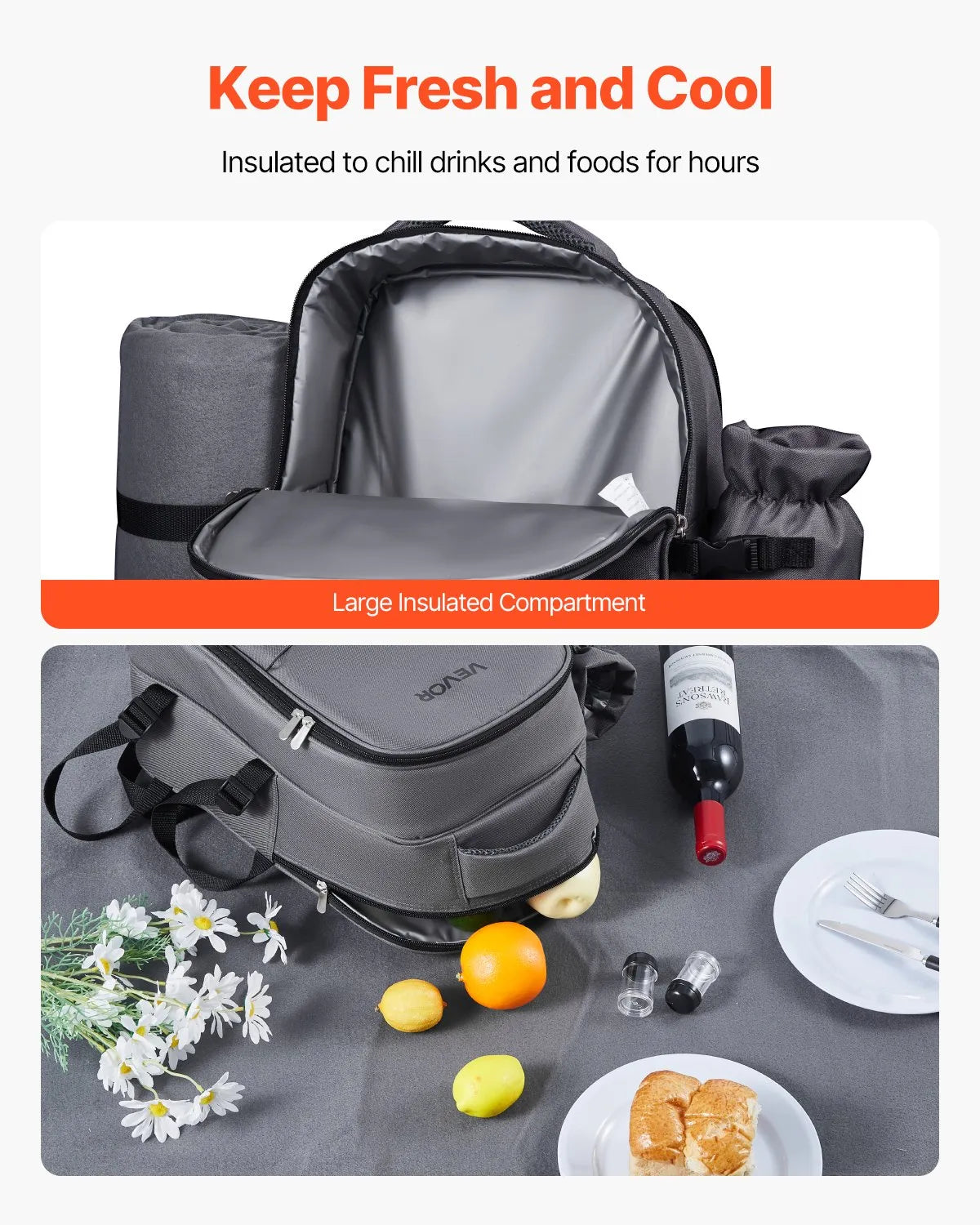 VEVOR Beach Picnic Backpack Bag for 2 Person with Cooler Compartment Grey