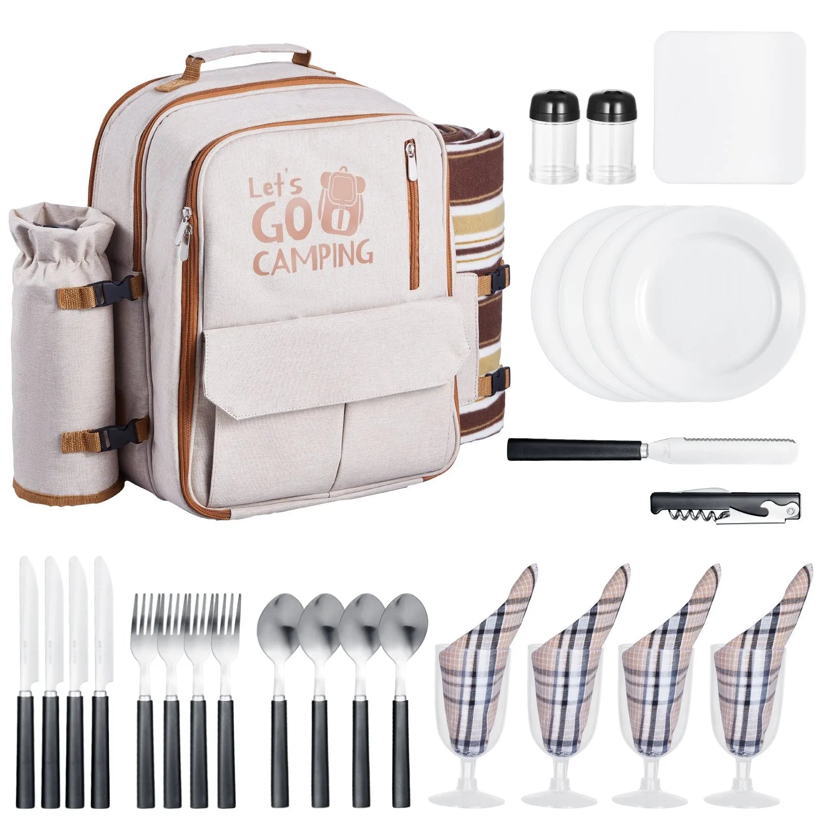 VEVOR Beach Picnic Backpack Bag for 4 Person with Cooler Compartment Blanket