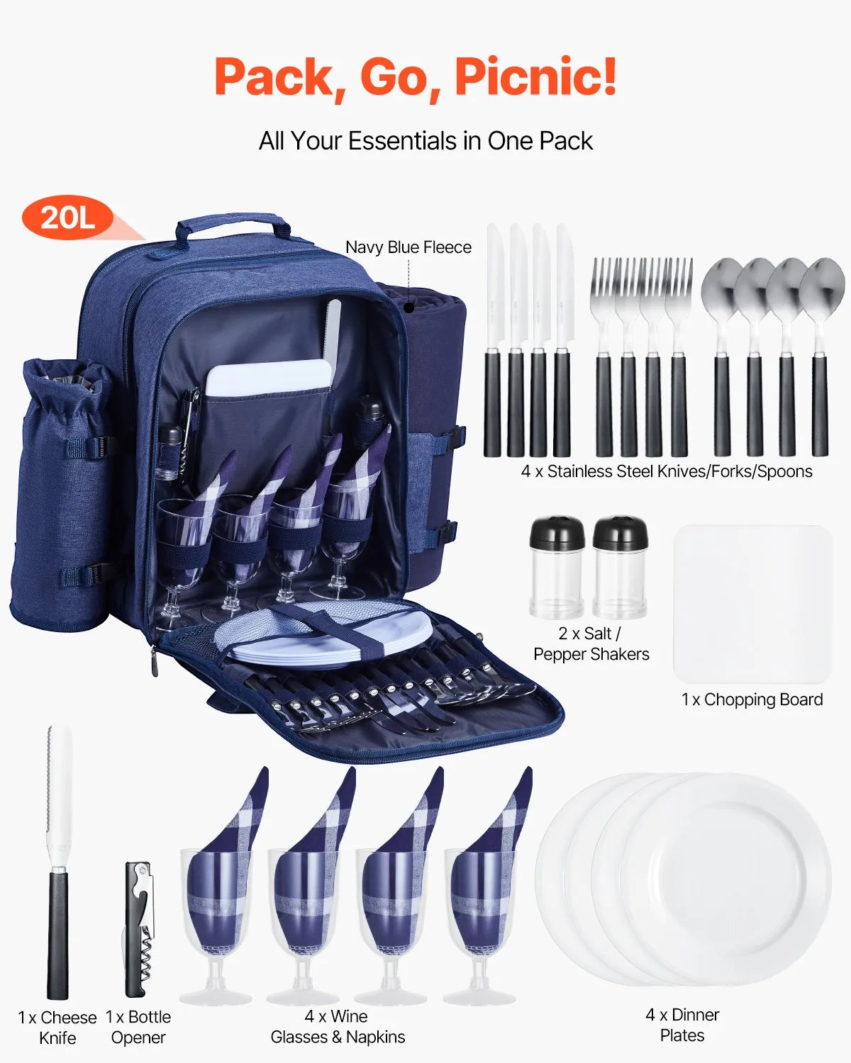 VEVOR Beach Picnic Backpack Bag for 4 Person with Cooler Compartment Navy Blue