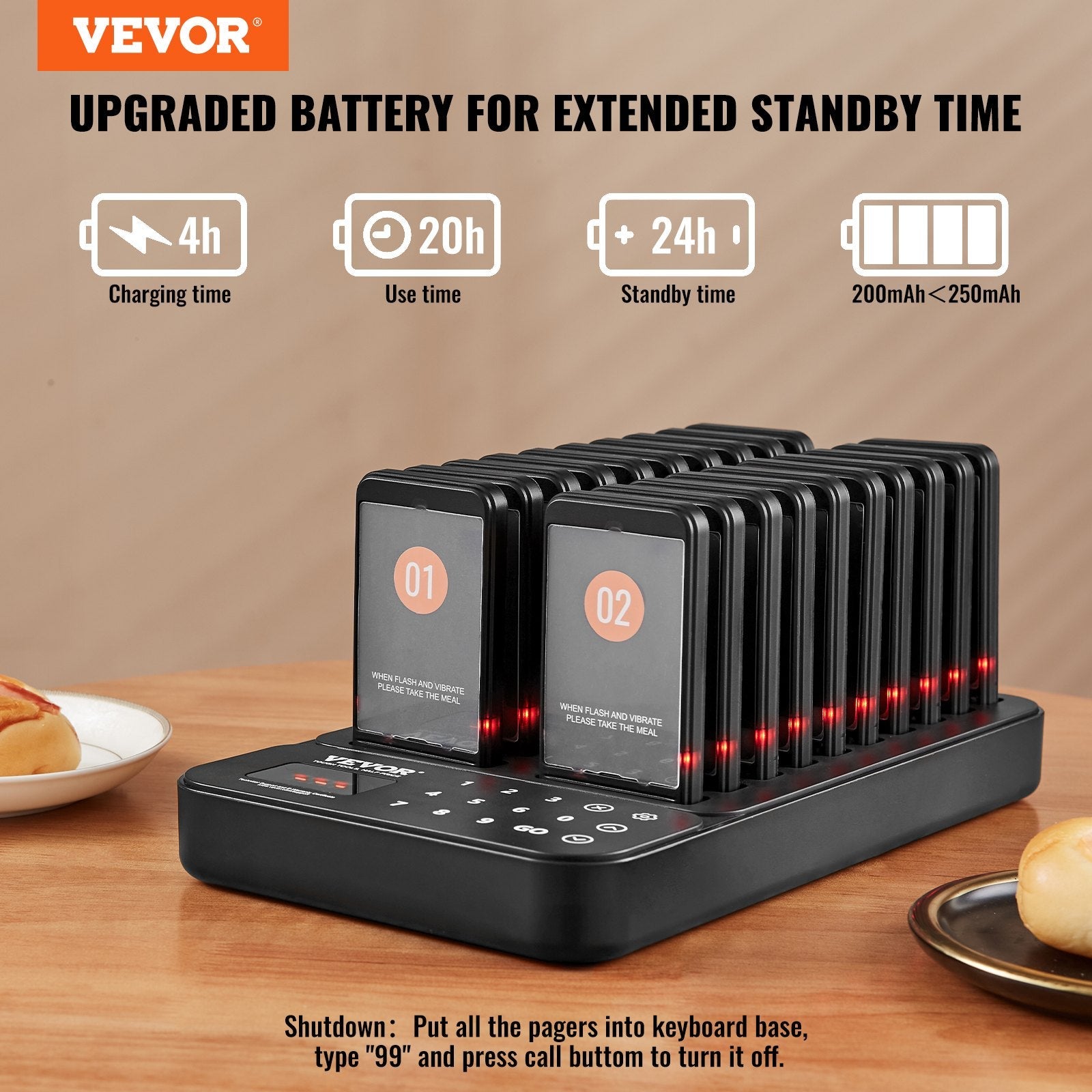 VEVOR Restaurant Pager System, Wireless 400m Long Range Lineup Waiting Queue Signal, Guest Customer Calling Beepers with Vibration & Flashing, 20 Buzzers for Food Truck, Church, Nursery, Hospital 