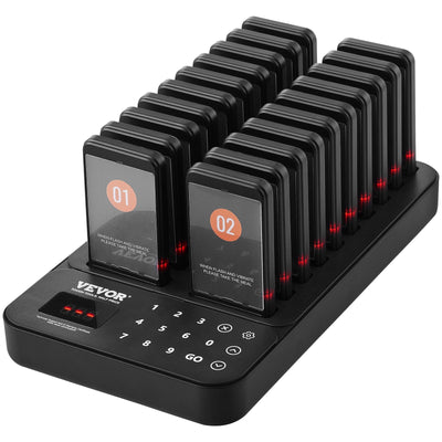 VEVOR Restaurant Pager System, Wireless 400m Long Range Lineup Waiting Queue Signal, Guest Customer Calling Beepers with Vibration & Flashing, 20 Buzzers for Food Truck, Church, Nursery, Hospital 