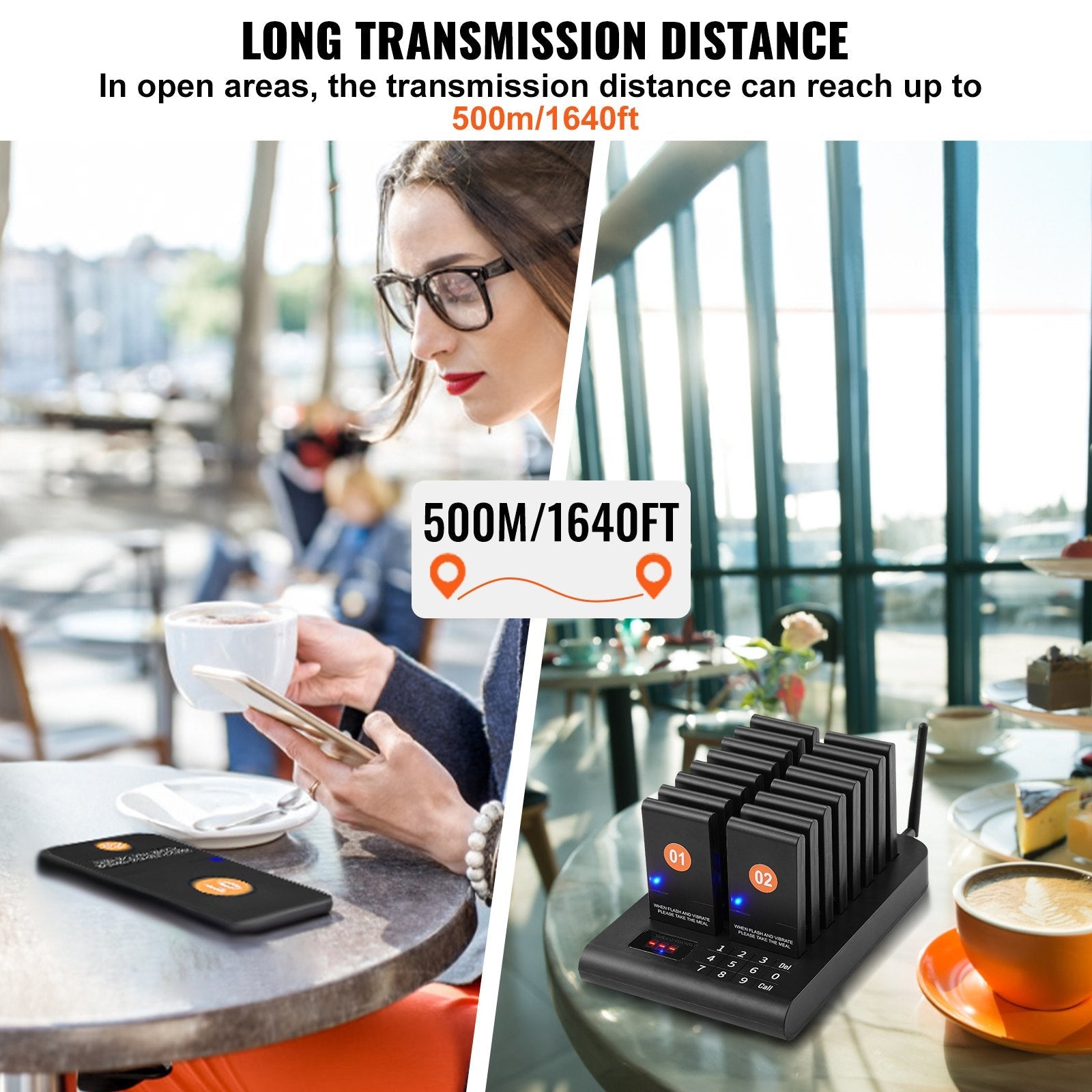 VEVOR Restaurant Pager System, Wireless 500m Long Range Lineup Waiting Queue Signal, Guest Customer Calling Beepers with Vibration & Flashing, 16 Buzzers for Food Truck, Church, Nursery, Hospital 