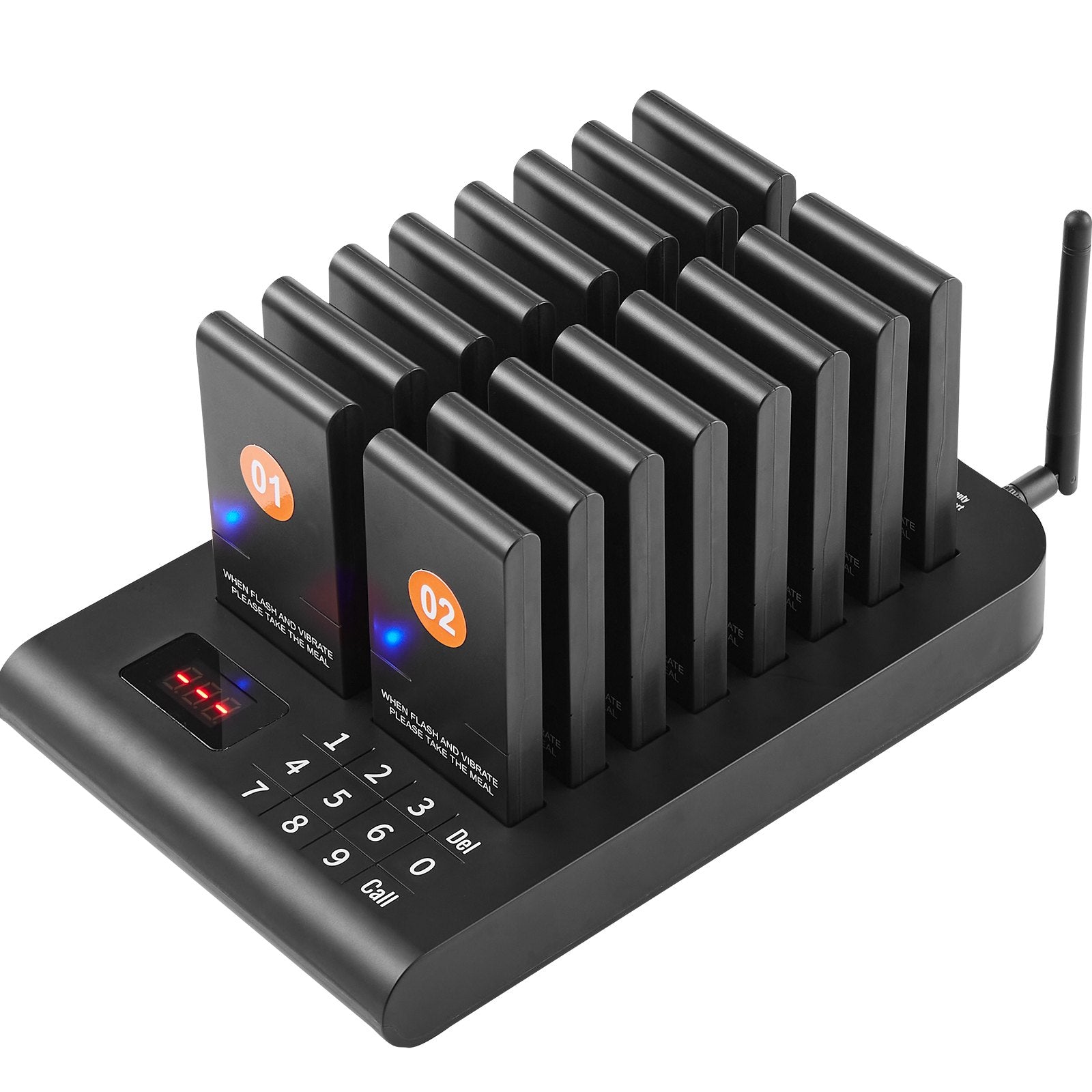 VEVOR Restaurant Pager System, Wireless 500m Long Range Lineup Waiting Queue Signal, Guest Customer Calling Beepers with Vibration & Flashing, 16 Buzzers for Food Truck, Church, Nursery, Hospital 