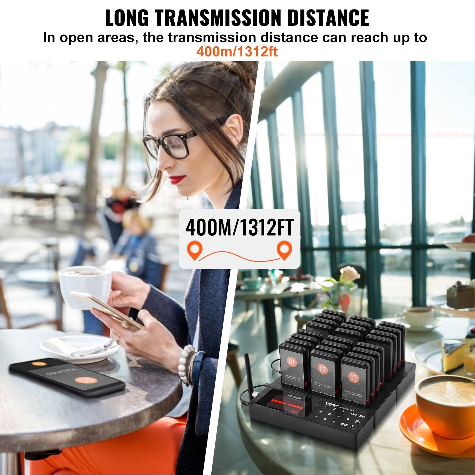 VEVOR Restaurant Pager System, Wireless 400m Long Range Lineup Waiting Queue Signal, Guest Customer Calling Beepers with Vibration & Flashing, 24 Buzzers for Food Truck, Church, Nursery, Hospital 