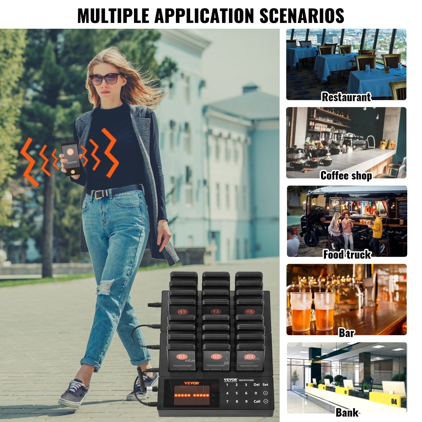 VEVOR Restaurant Pager System, Wireless 400m Long Range Lineup Waiting Queue Signal, Guest Customer Calling Beepers with Vibration & Flashing, 24 Buzzers for Food Truck, Church, Nursery, Hospital 