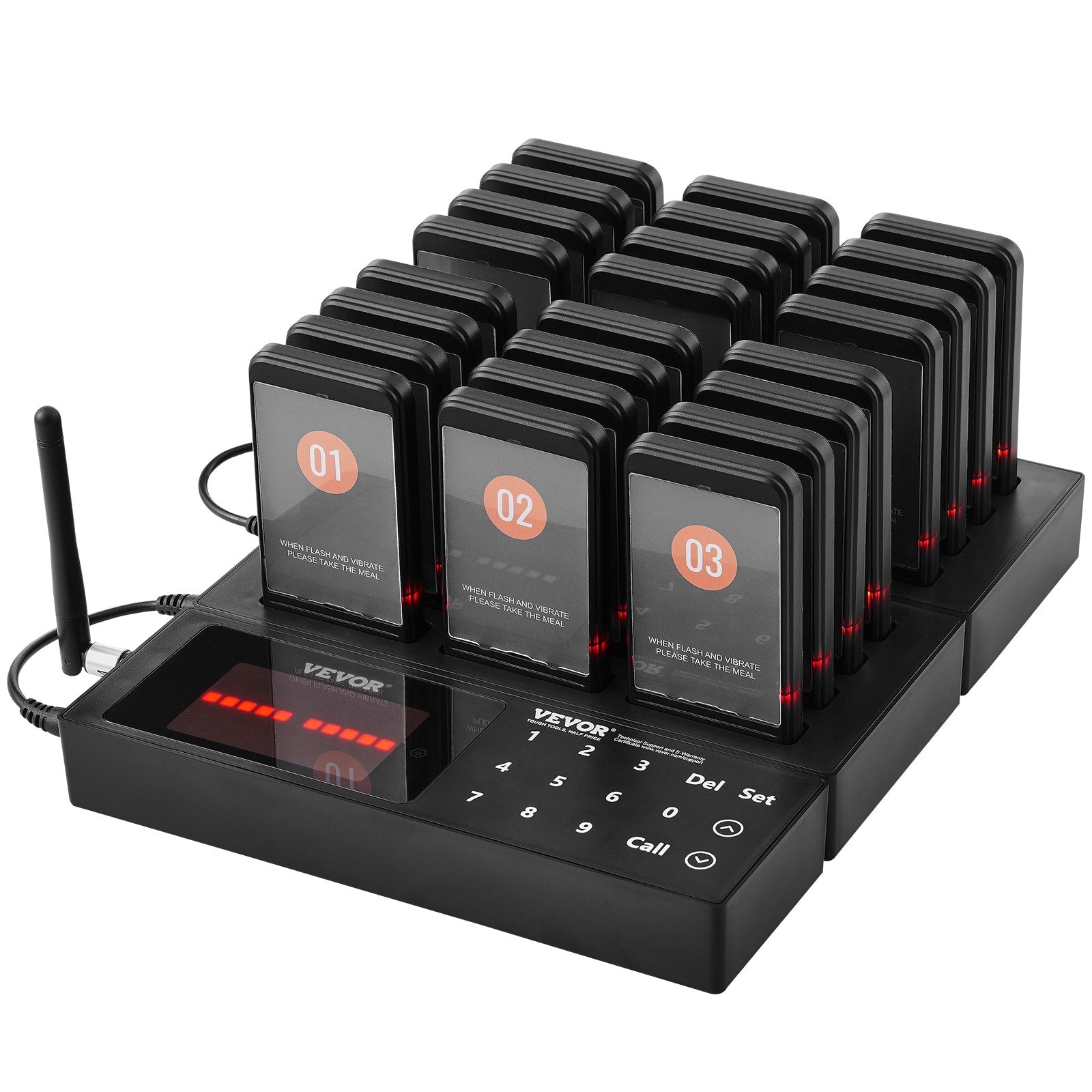 VEVOR Restaurant Pager System, Wireless 400m Long Range Lineup Waiting Queue Signal, Guest Customer Calling Beepers with Vibration & Flashing, 24 Buzzers for Food Truck, Church, Nursery, Hospital 