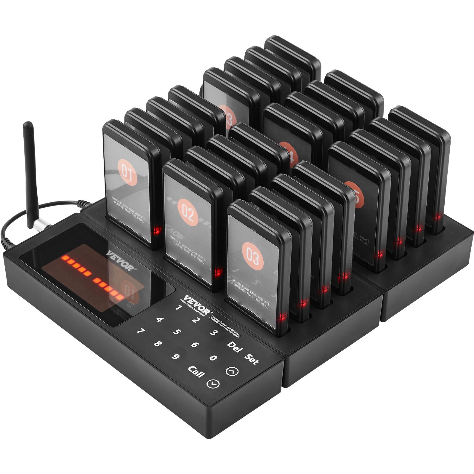 VEVOR Restaurant Pager System, Wireless 400m Long Range Lineup Waiting Queue Signal, Guest Customer Calling Beepers with Vibration & Flashing, 24 Buzzers for Food Truck, Church, Nursery, Hospital 