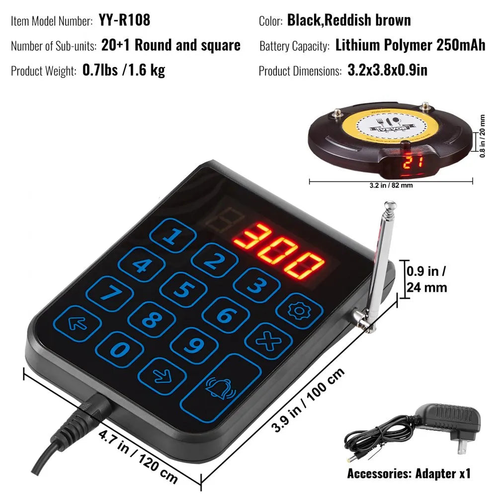 VEVOR Restaurant Pager System, Wireless 500m Long Range Lineup Waiting Queue Signal, Guest Customer Calling Beepers with Vibration & Flashing, 20 Buzzers for Food Truck, Church, Nursery, Hospital