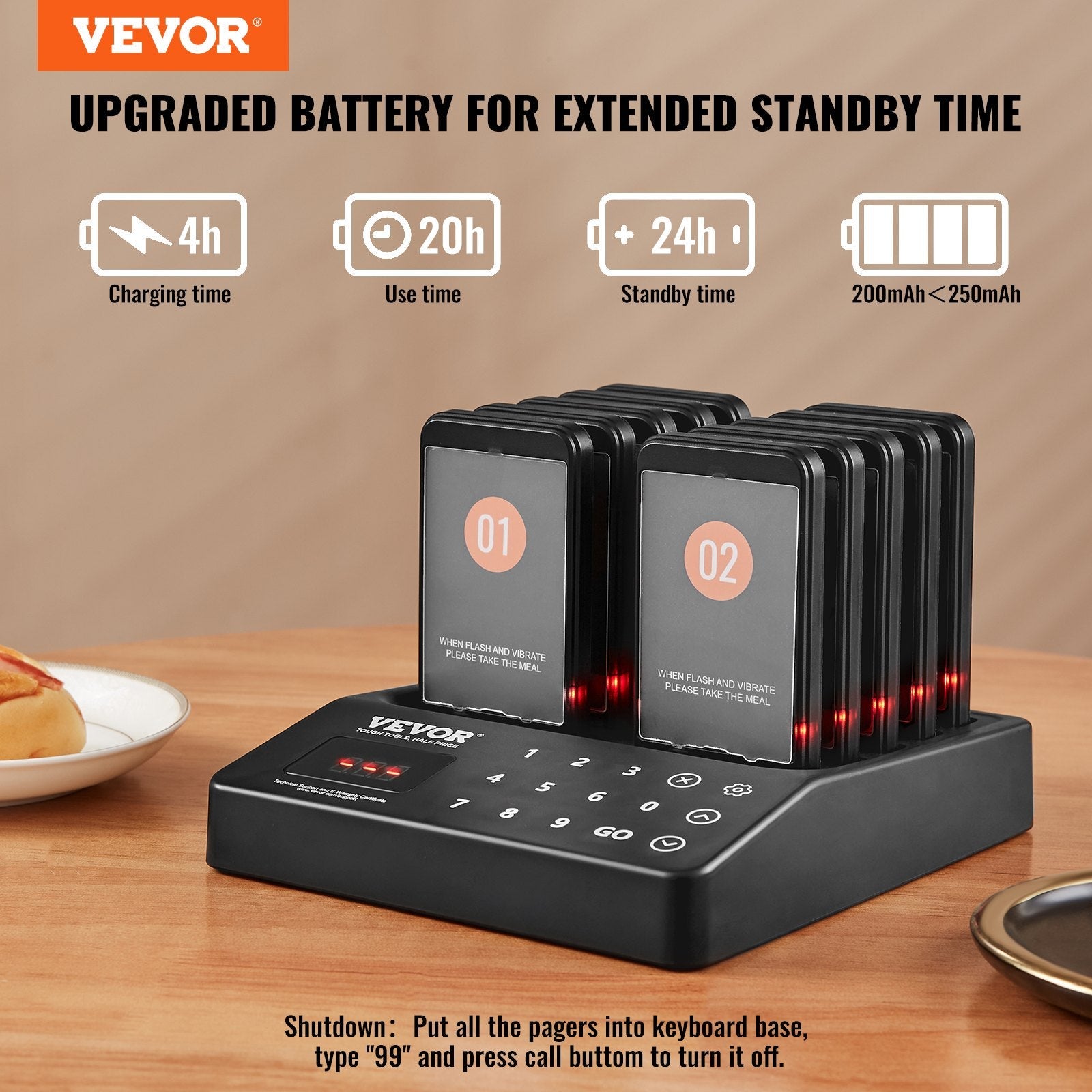 VEVOR Restaurant Pager System, Wireless 400m Long Range Lineup Waiting Queue Signal, Guest Customer Calling Beepers with Vibration & Flashing, 10 Buzzers for Food Truck, Church, Nursery, Hospital 