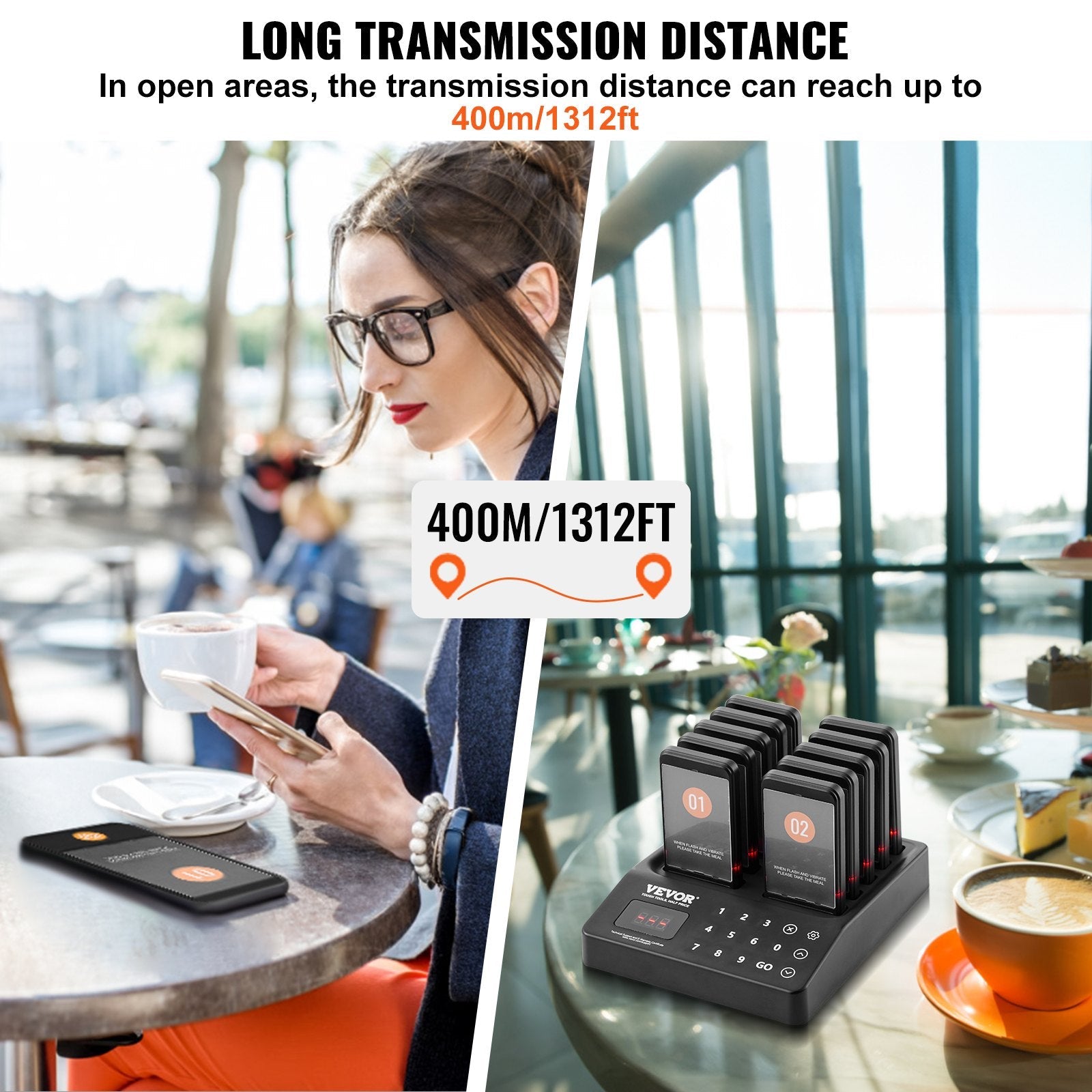 VEVOR Restaurant Pager System, Wireless 400m Long Range Lineup Waiting Queue Signal, Guest Customer Calling Beepers with Vibration & Flashing, 10 Buzzers for Food Truck, Church, Nursery, Hospital 