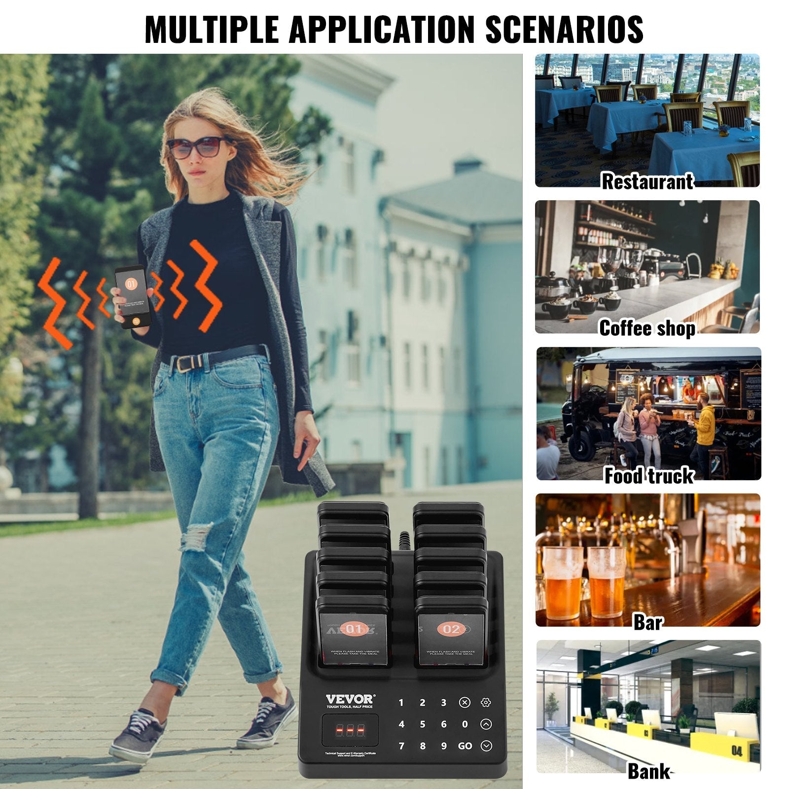 VEVOR Restaurant Pager System, Wireless 400m Long Range Lineup Waiting Queue Signal, Guest Customer Calling Beepers with Vibration & Flashing, 10 Buzzers for Food Truck, Church, Nursery, Hospital 