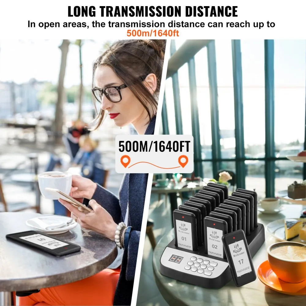 VEVOR Restaurant Pager System, Wireless 500m Long Range Lineup Waiting Queue Signal, Guest Customer Calling Beepers with Vibration & Flashing, 16 Buzzers for Food Truck, Church, Nursery, Hospital