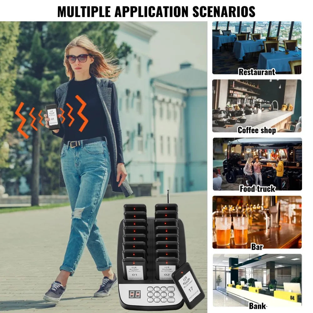VEVOR Restaurant Pager System, Wireless 500m Long Range Lineup Waiting Queue Signal, Guest Customer Calling Beepers with Vibration & Flashing, 16 Buzzers for Food Truck, Church, Nursery, Hospital