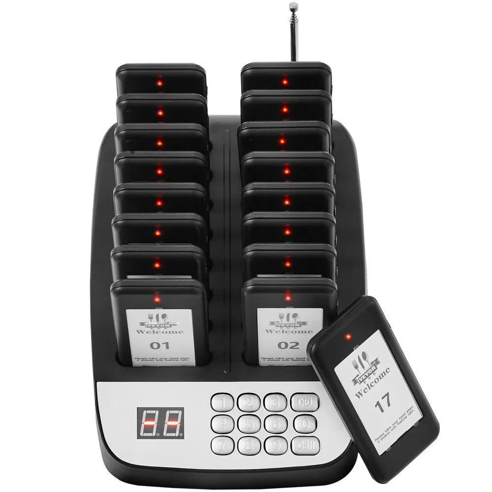 VEVOR Restaurant Pager System, Wireless 500m Long Range Lineup Waiting Queue Signal, Guest Customer Calling Beepers with Vibration & Flashing, 16 Buzzers for Food Truck, Church, Nursery, Hospital