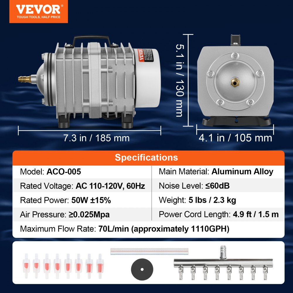 VEVOR Electromagnetic Commercial Air Pump, 50W, 1110 GPH Hydroponic Air Pump with 8-Port Distributor Connecting Hose Check Valves Stainless Steel Diaphragm, for Aquarium, Fish Tank, Pond & Hydroponics 