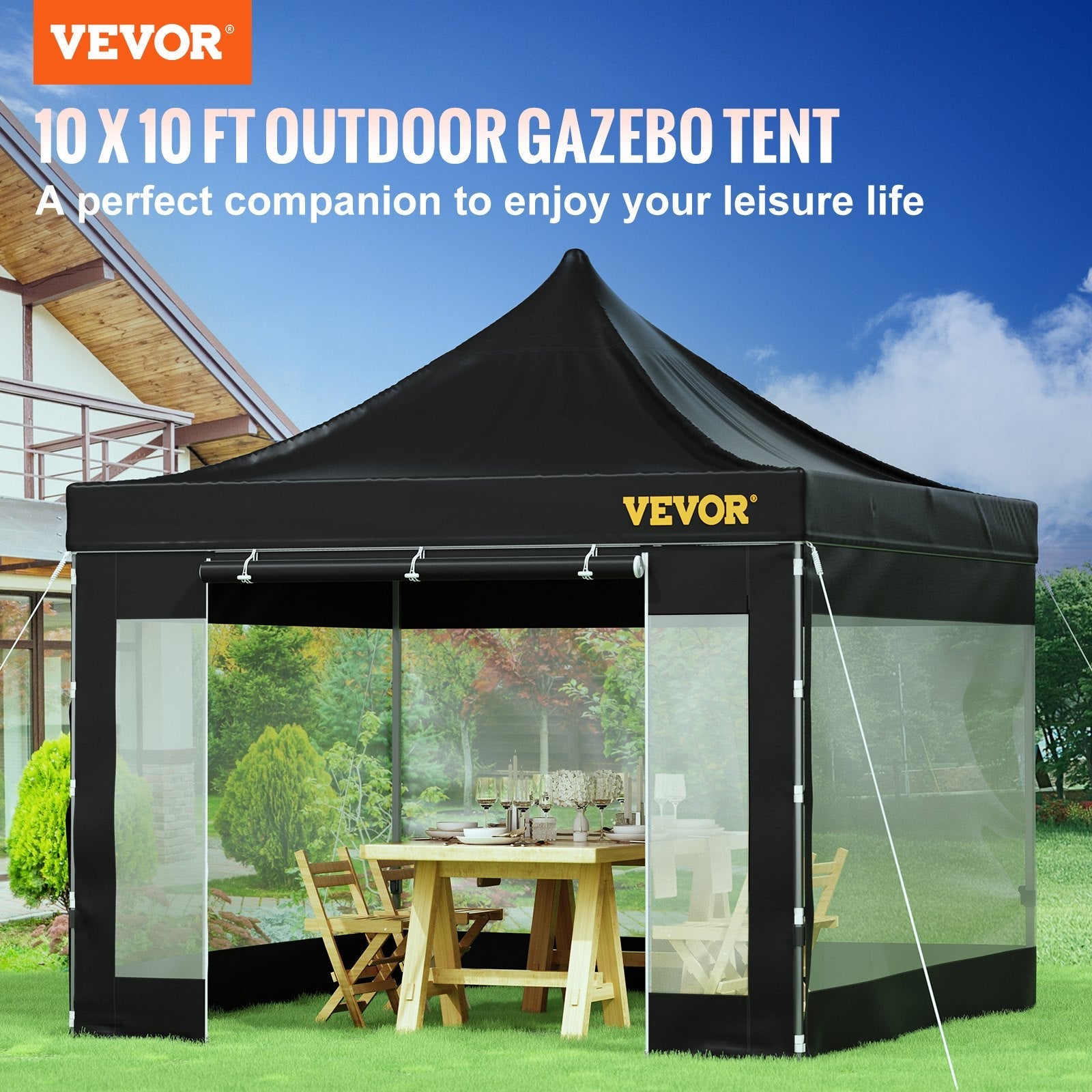 VEVOR Pop Up Canopy Tent, 10 x 10 FT, Outdoor Patio Gazebo Tent with Removable Sidewalls and Wheeled Bag, UV Resistant Waterproof Instant Gazebo Shelter for Party, Garden, Backyard, Black 