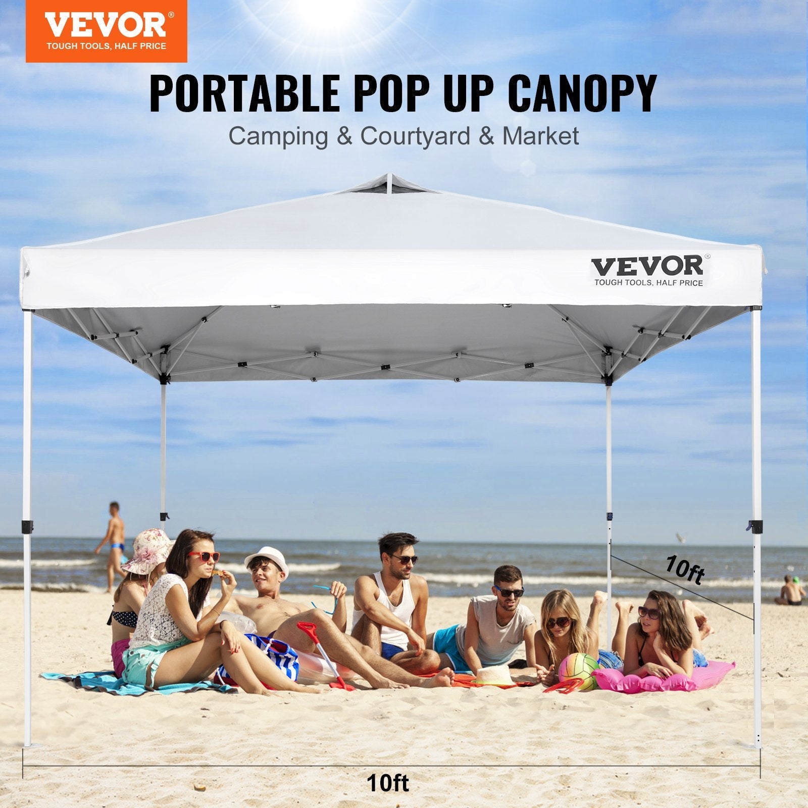 VEVOR Pop Up Canopy Tent, 10 x 10 ft, 250 D PU Silver Coated Tarp, with Portable Roller Bag and 4 Sandbags, Waterproof and Sun Shelter Gazebo for Outdoor Party, Camping, Commercial Events, White 