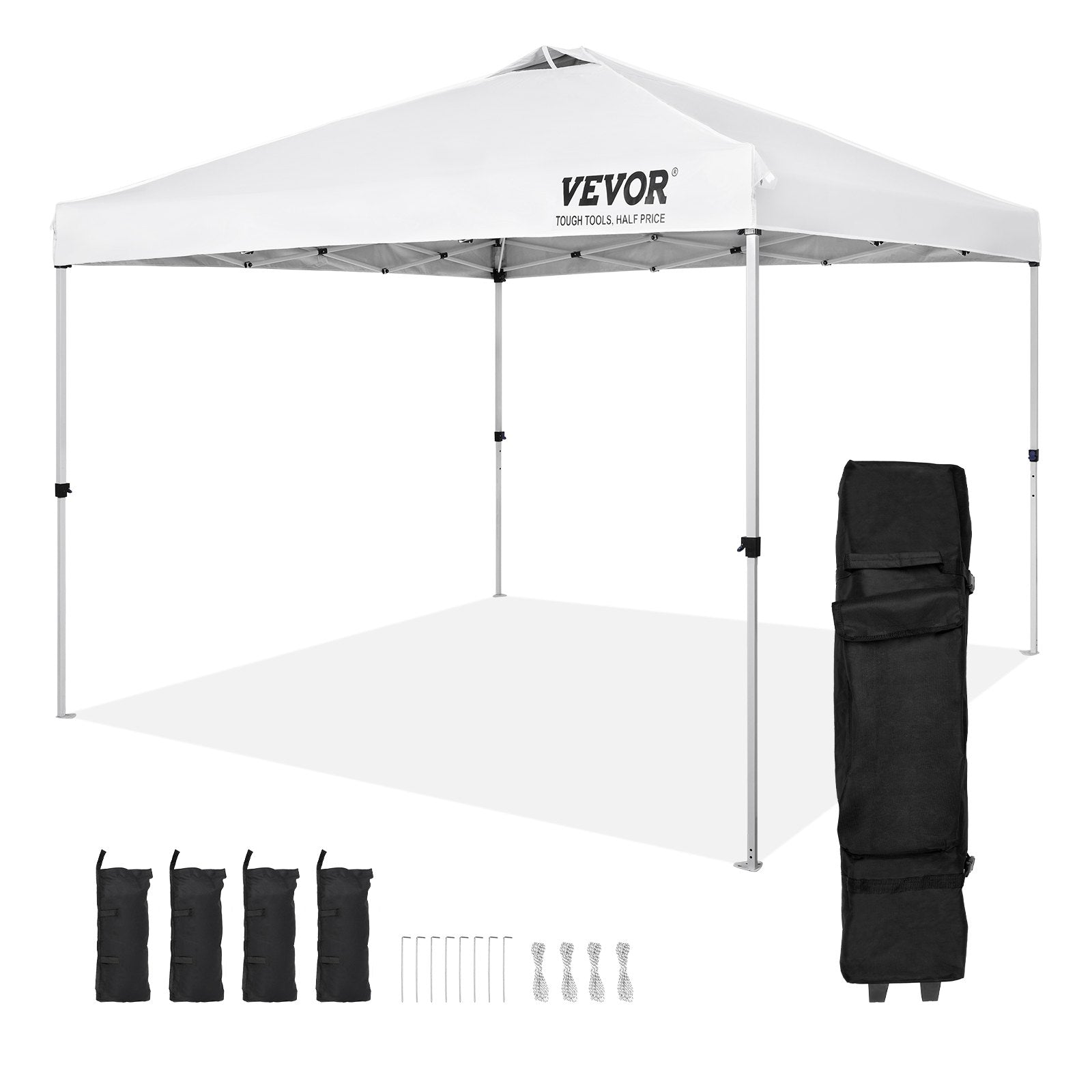 VEVOR Pop Up Canopy Tent, 10 x 10 ft, 250 D PU Silver Coated Tarp, with Portable Roller Bag and 4 Sandbags, Waterproof and Sun Shelter Gazebo for Outdoor Party, Camping, Commercial Events, White 