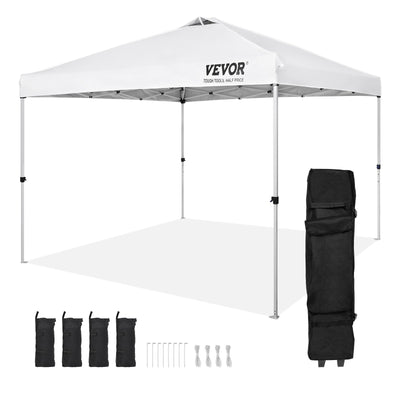 VEVOR Pop Up Canopy Tent, 10 x 10 ft, 250 D PU Silver Coated Tarp, with Portable Roller Bag and 4 Sandbags, Waterproof and Sun Shelter Gazebo for Outdoor Party, Camping, Commercial Events, White 