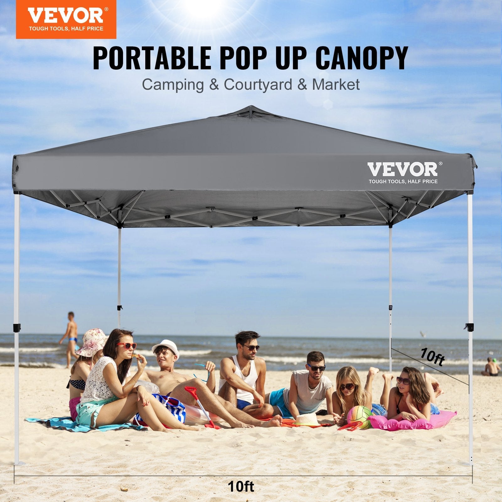 VEVOR Pop Up Canopy Tent, 10 x 10 ft, 250 D PU Silver Coated Tarp, with Portable Roller Bag and 4 Sandbags, Waterproof and Sun Shelter Gazebo for Outdoor Party, Camping, Commercial Events, Dark Gray 
