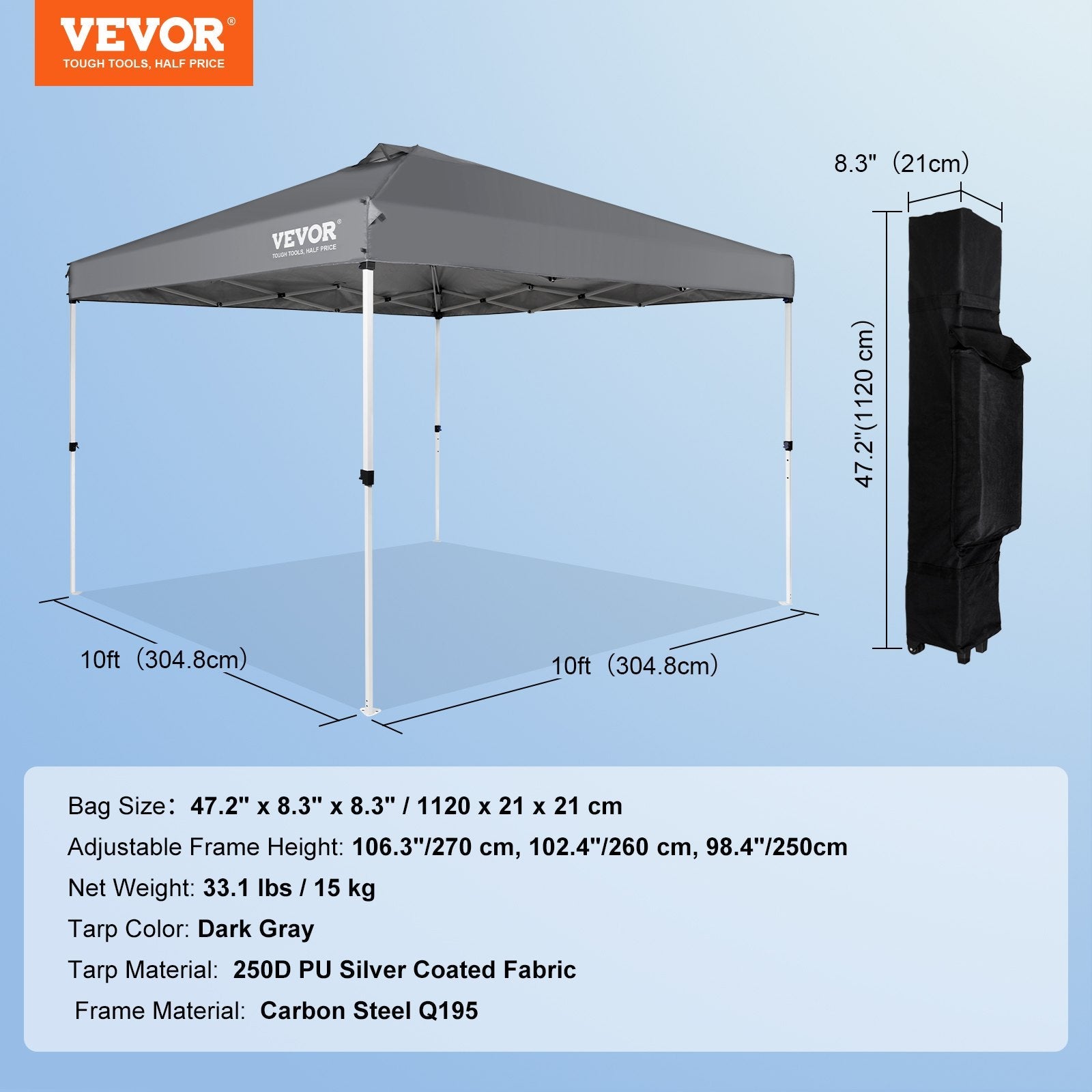 VEVOR Pop Up Canopy Tent, 10 x 10 ft, 250 D PU Silver Coated Tarp, with Portable Roller Bag and 4 Sandbags, Waterproof and Sun Shelter Gazebo for Outdoor Party, Camping, Commercial Events, Dark Gray 
