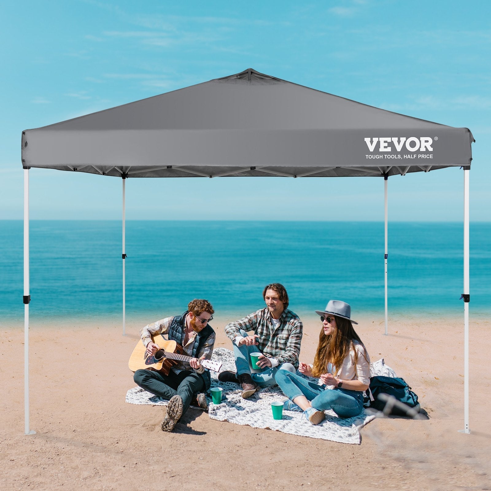 VEVOR Pop Up Canopy Tent, 10 x 10 ft, 250 D PU Silver Coated Tarp, with Portable Roller Bag and 4 Sandbags, Waterproof and Sun Shelter Gazebo for Outdoor Party, Camping, Commercial Events, Dark Gray 