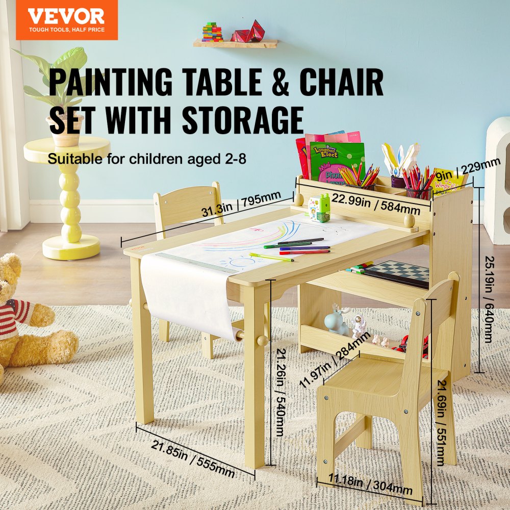 VEVOR Kids Art Table and 2 Chairs, 2-in-1 Toddler Craft and Play Activity Table, Wood Toddler Table and Chair Set with A Cabinet for Art, Craft, Reading, Learning 
