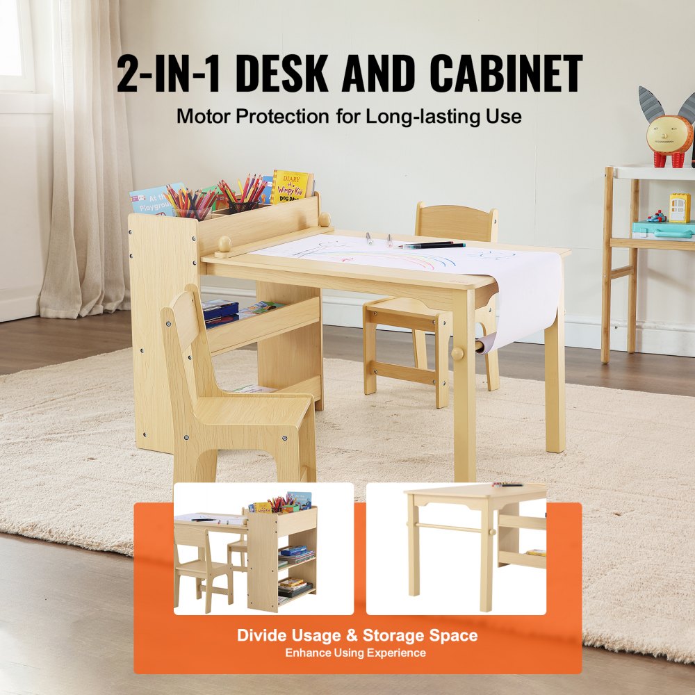 VEVOR Kids Art Table and 2 Chairs, 2-in-1 Toddler Craft and Play Activity Table, Wood Toddler Table and Chair Set with A Cabinet for Art, Craft, Reading, Learning 