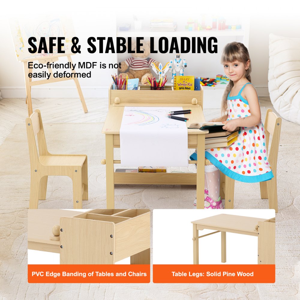 VEVOR Kids Art Table and 2 Chairs, 2-in-1 Toddler Craft and Play Activity Table, Wood Toddler Table and Chair Set with A Cabinet for Art, Craft, Reading, Learning 