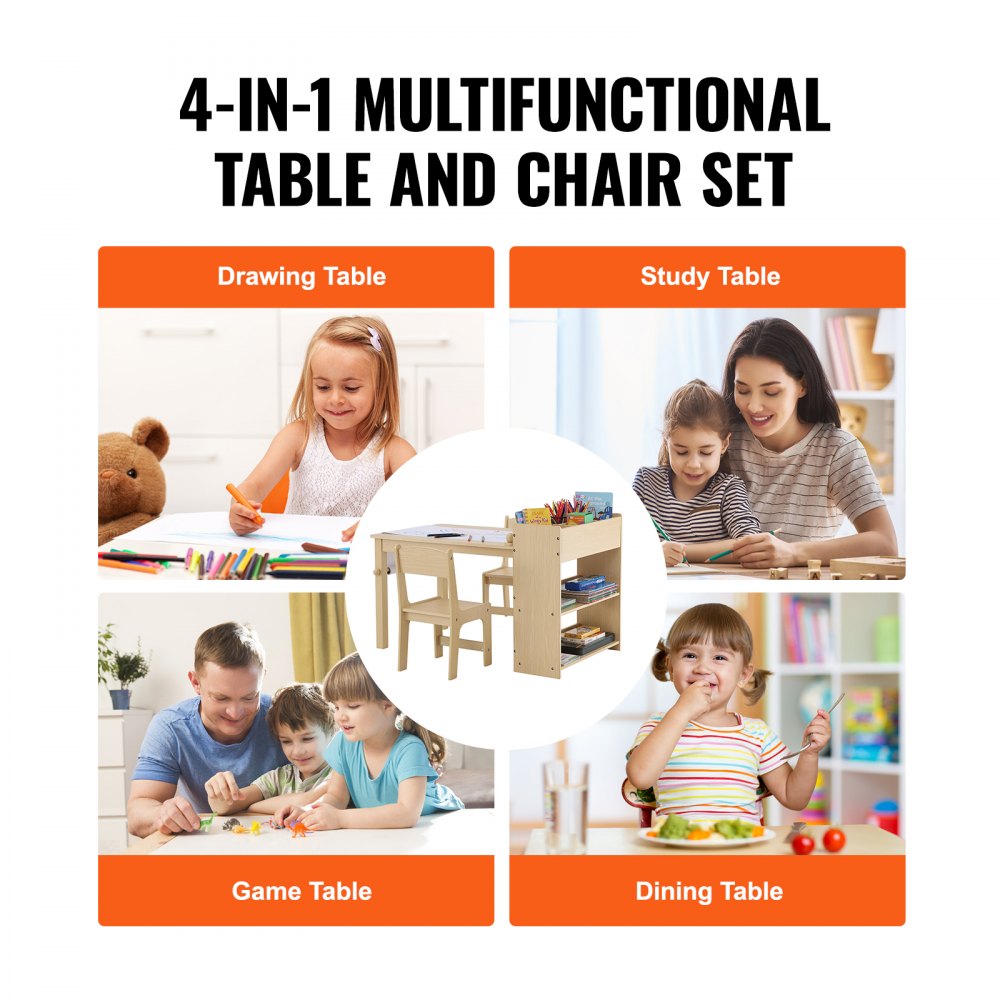 VEVOR Kids Art Table and 2 Chairs, 2-in-1 Toddler Craft and Play Activity Table, Wood Toddler Table and Chair Set with A Cabinet for Art, Craft, Reading, Learning 