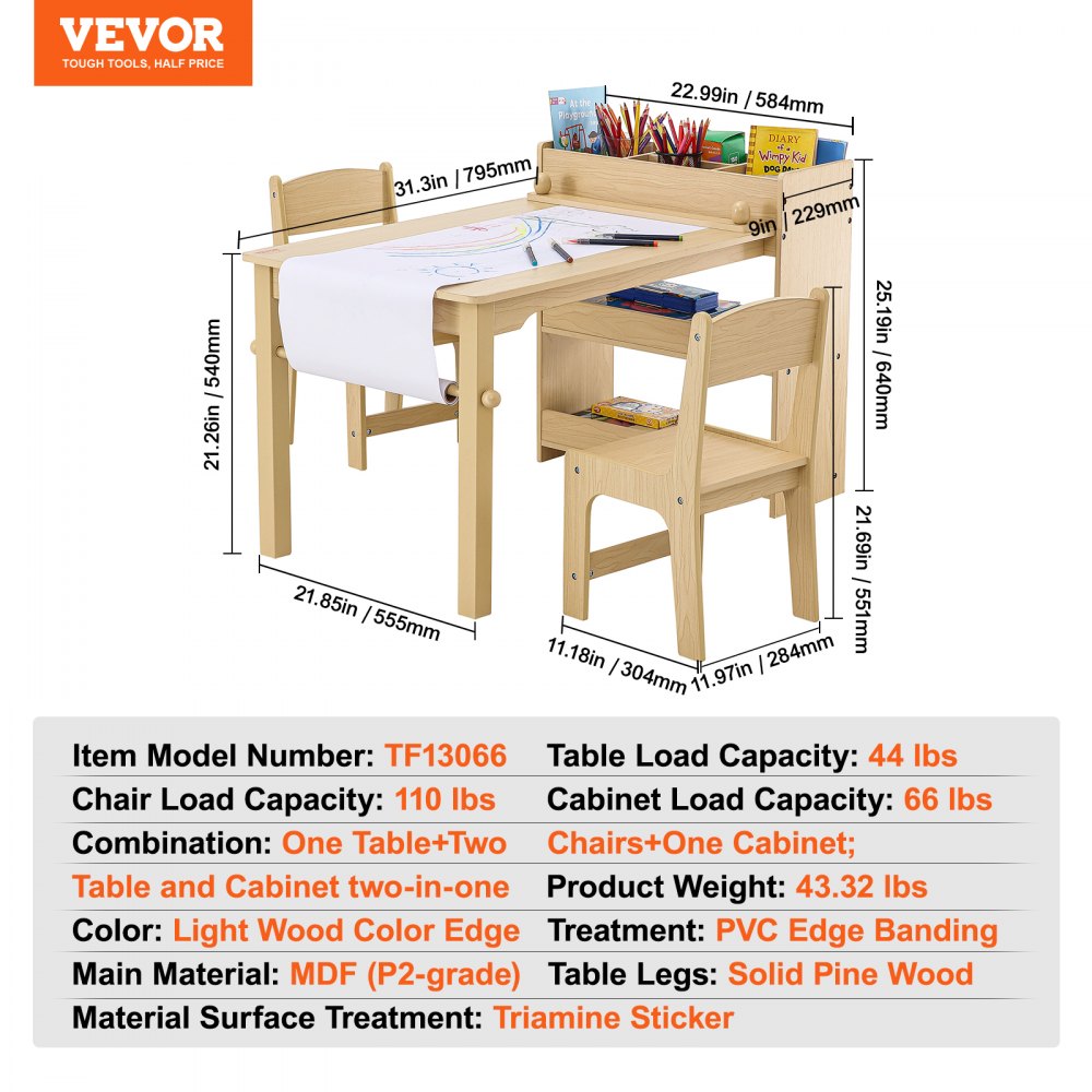VEVOR Kids Art Table and 2 Chairs, 2-in-1 Toddler Craft and Play Activity Table, Wood Toddler Table and Chair Set with A Cabinet for Art, Craft, Reading, Learning 