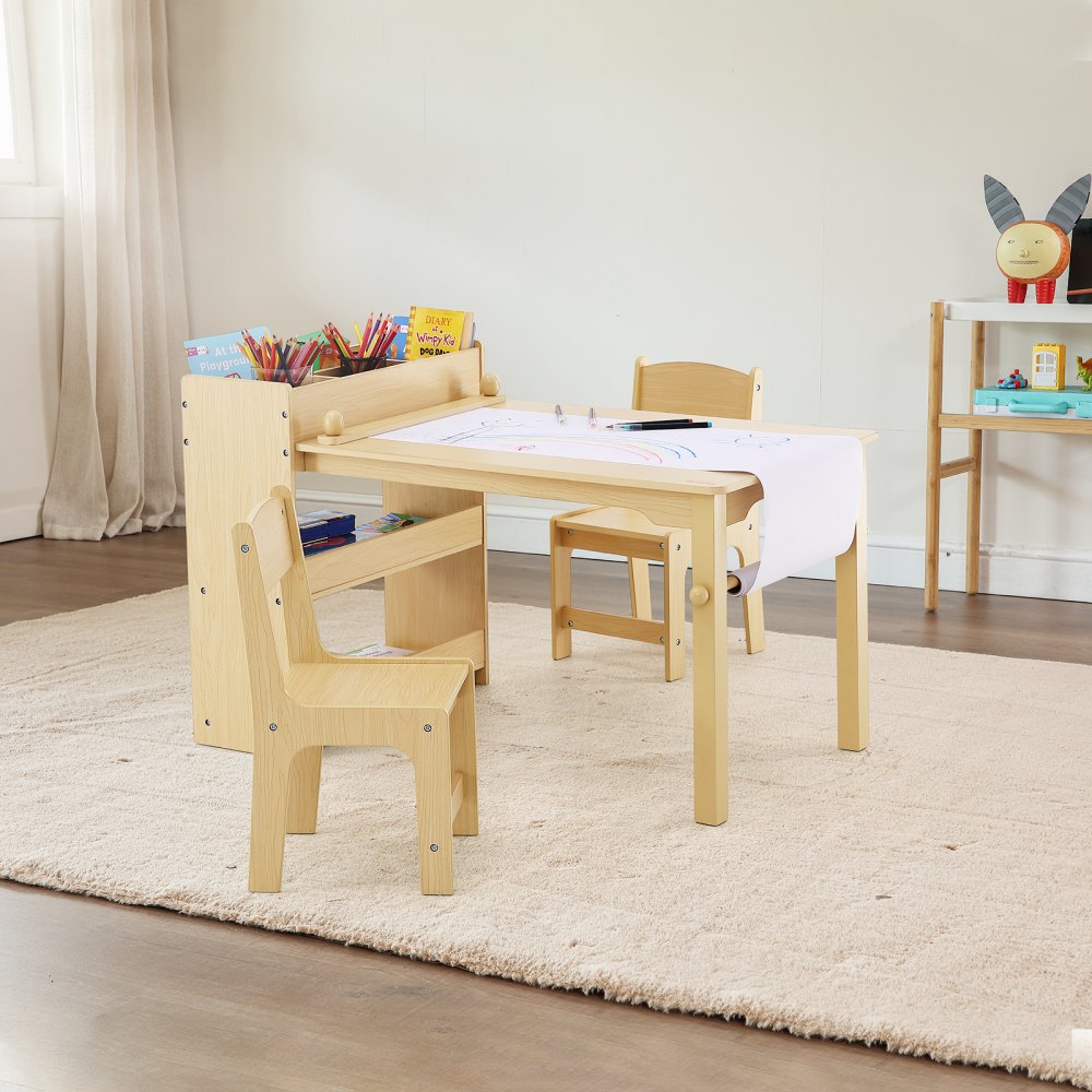 VEVOR Kids Art Table and 2 Chairs, 2-in-1 Toddler Craft and Play Activity Table, Wood Toddler Table and Chair Set with A Cabinet for Art, Craft, Reading, Learning 