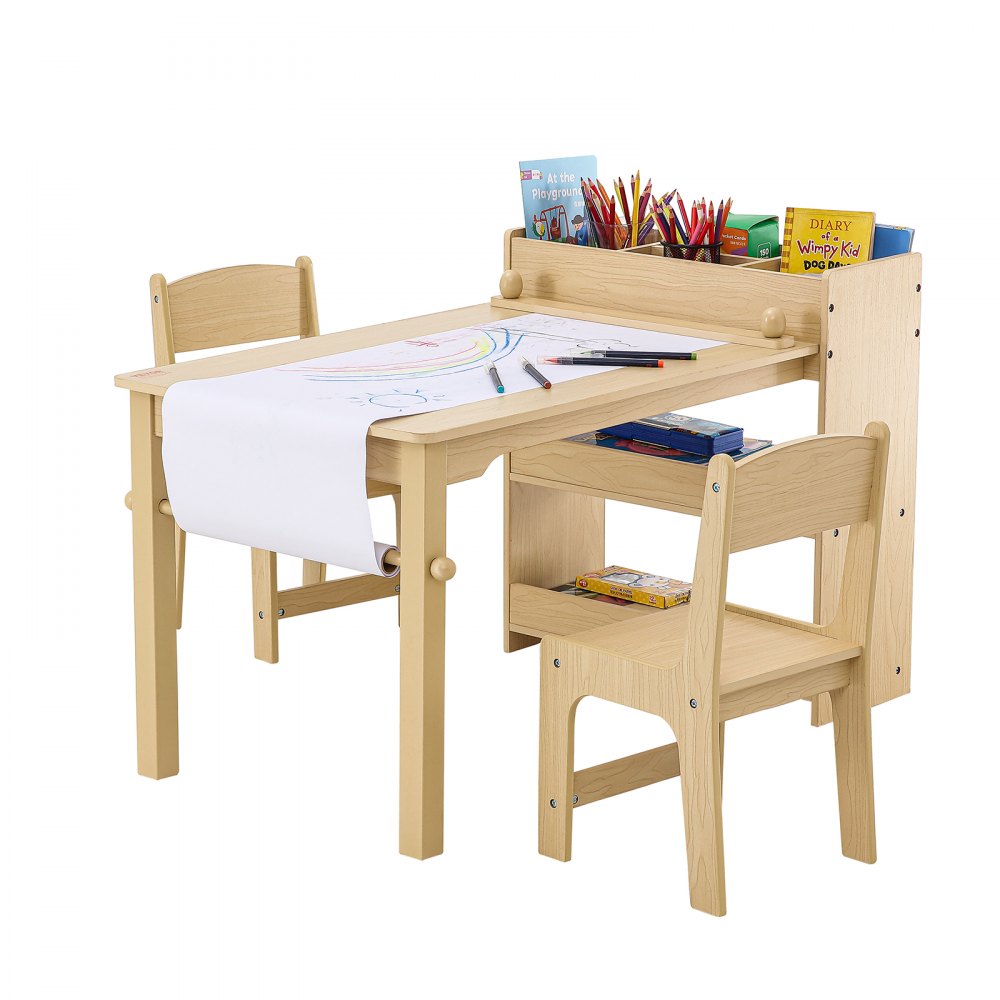VEVOR Kids Art Table and 2 Chairs, 2-in-1 Toddler Craft and Play Activity Table, Wood Toddler Table and Chair Set with A Cabinet for Art, Craft, Reading, Learning 